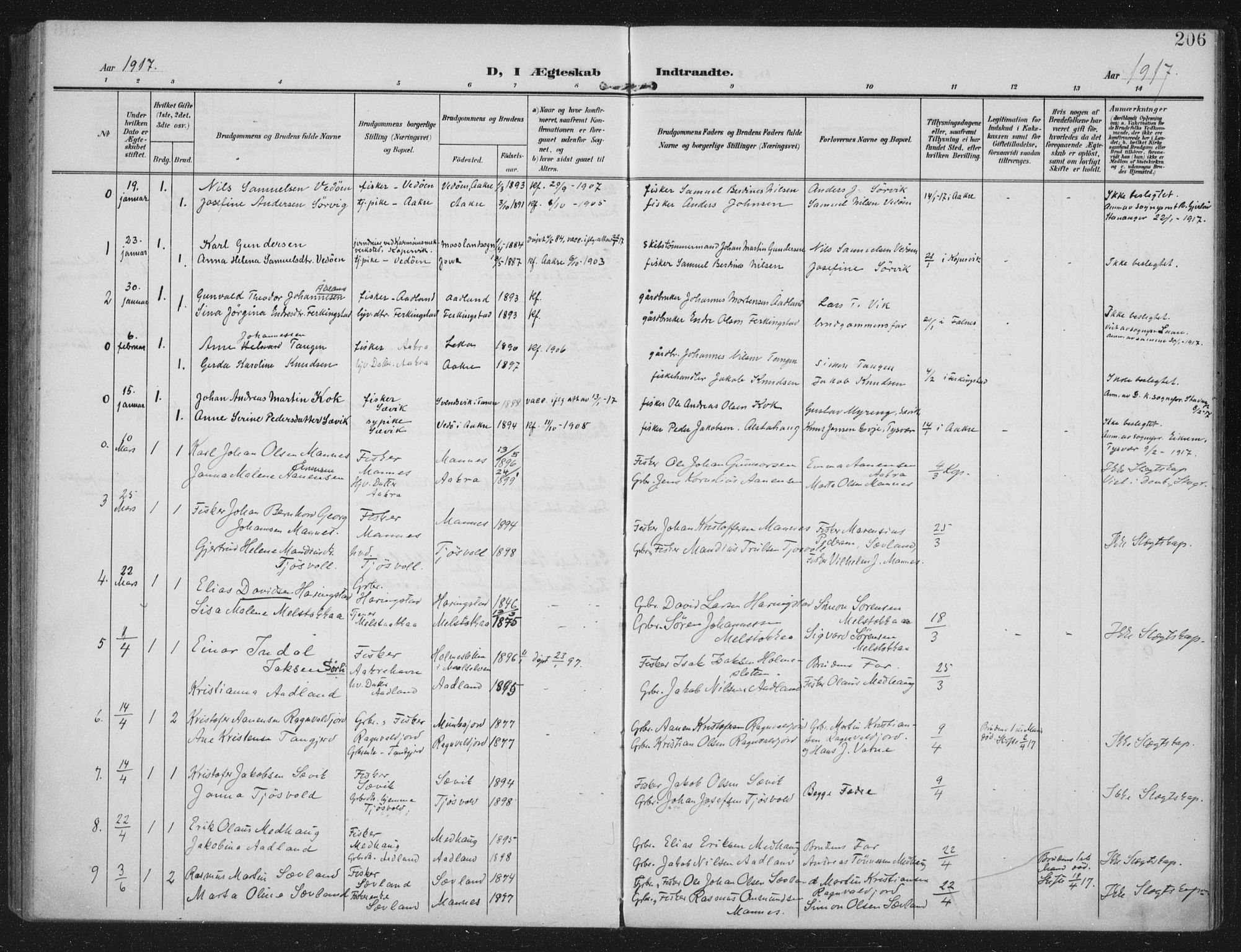 Kopervik sokneprestkontor, SAST/A-101850/H/Ha/Haa/L0005: Parish register (official) no. A 5, 1906-1924, p. 206