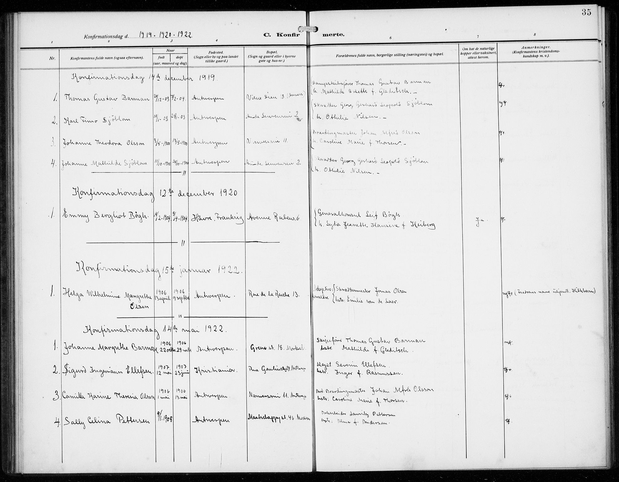 Den norske sjømannsmisjon i utlandet/Antwerpen, SAB/SAB/PA-0105/H/Ha/L0003: Parish register (official) no. A 3, 1914-1930, p. 35