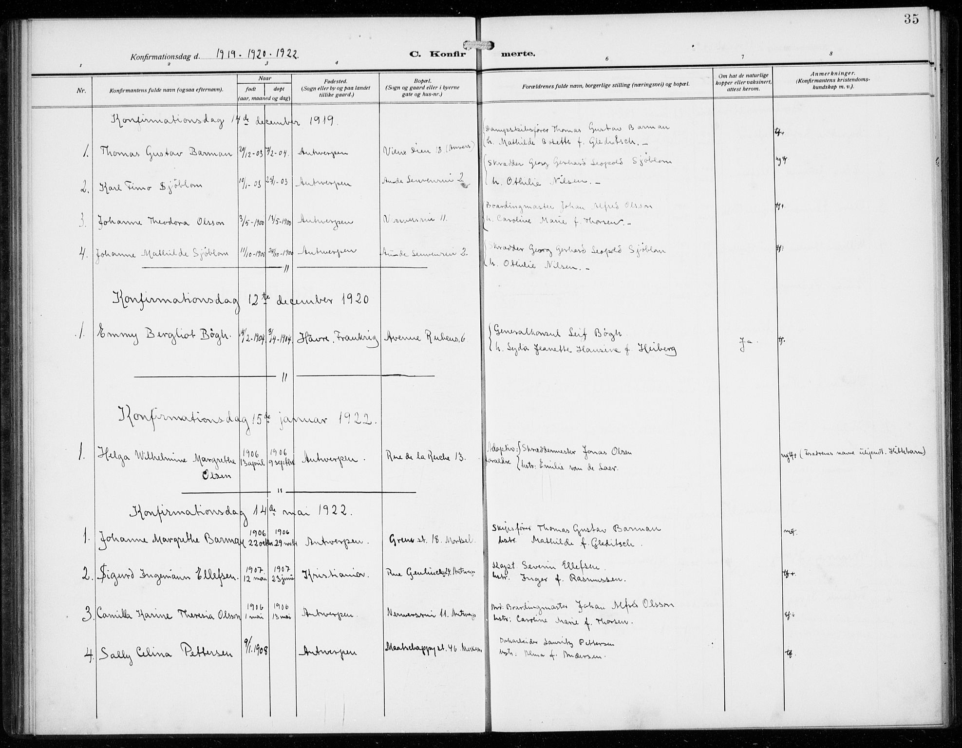 Den norske sjømannsmisjon i utlandet/Antwerpen, AV/SAB-SAB/PA-0105/H/Ha/L0003: Parish register (official) no. A 3, 1914-1930, p. 35