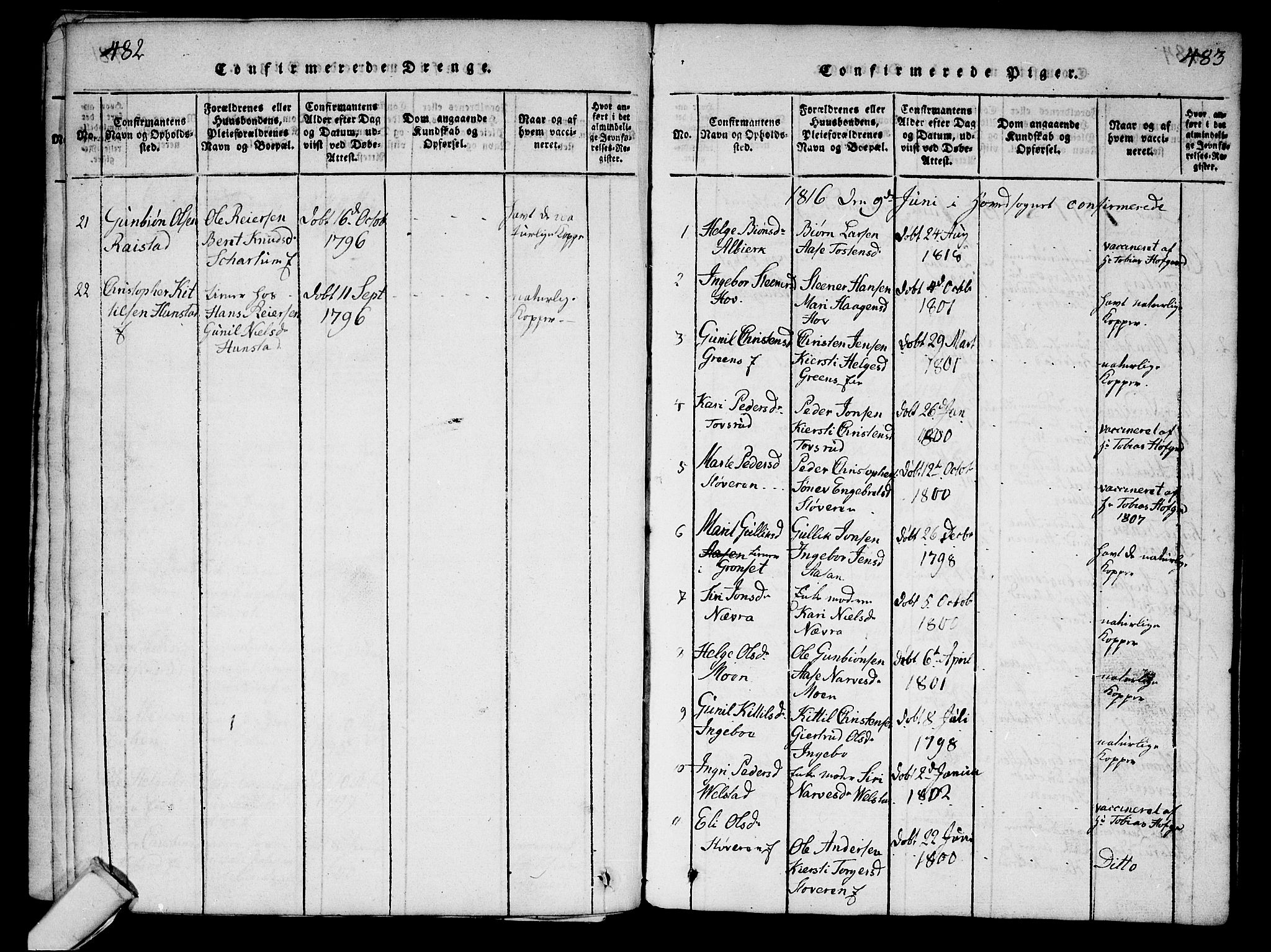 Sigdal kirkebøker, AV/SAKO-A-245/G/Ga/L0001: Parish register (copy) no. I 1 /1, 1816-1835, p. 482-483