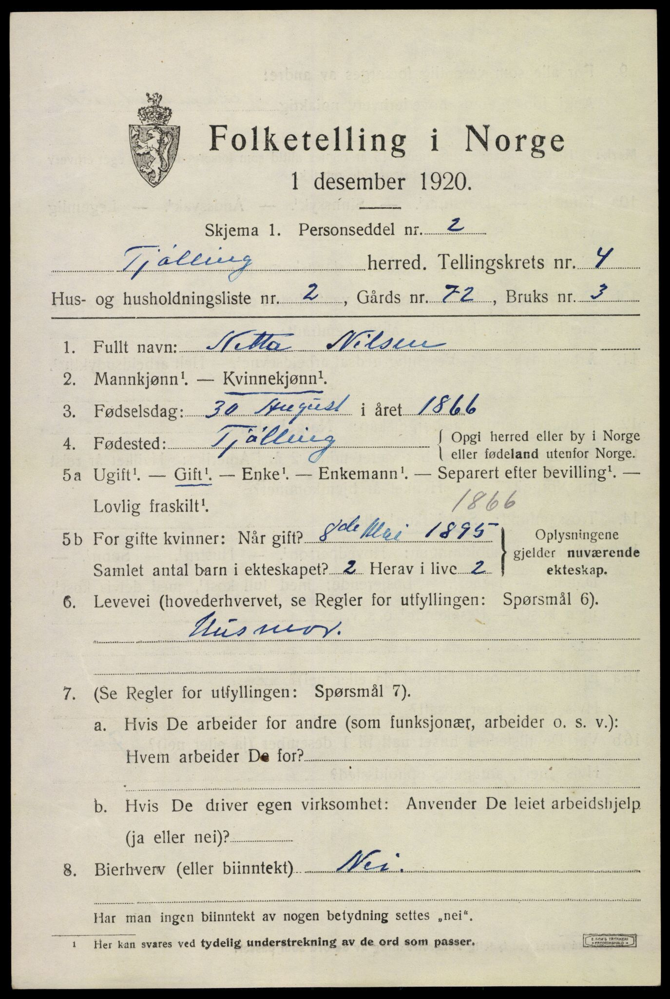 SAKO, 1920 census for Tjølling, 1920, p. 7513