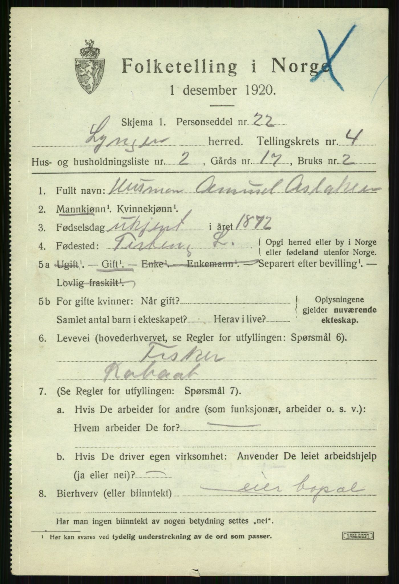SATØ, 1920 census for Lyngen, 1920, p. 4065