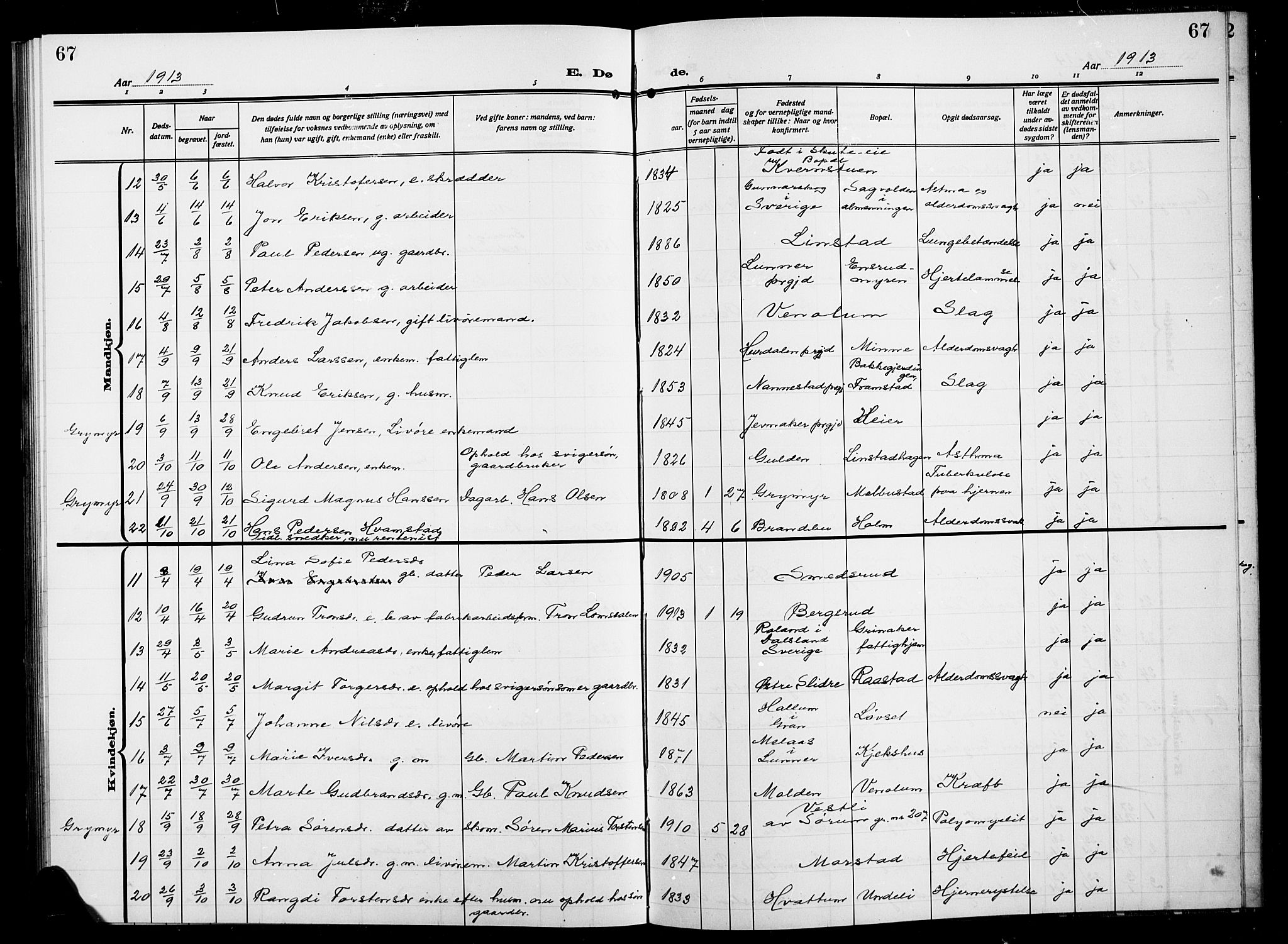 Gran prestekontor, SAH/PREST-112/H/Ha/Hab/L0007: Parish register (copy) no. 7, 1912-1917, p. 67