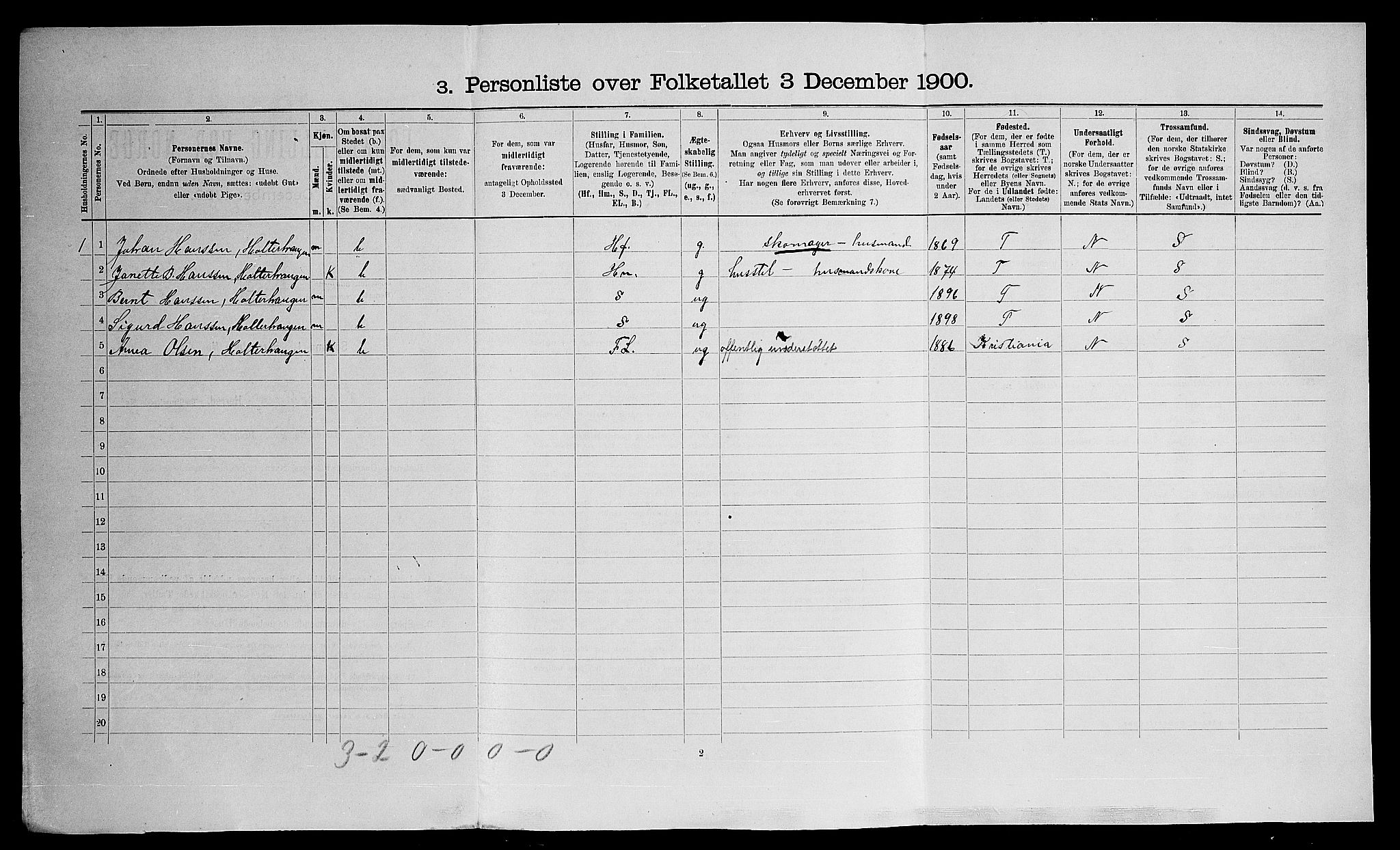 SAO, 1900 census for Nannestad, 1900