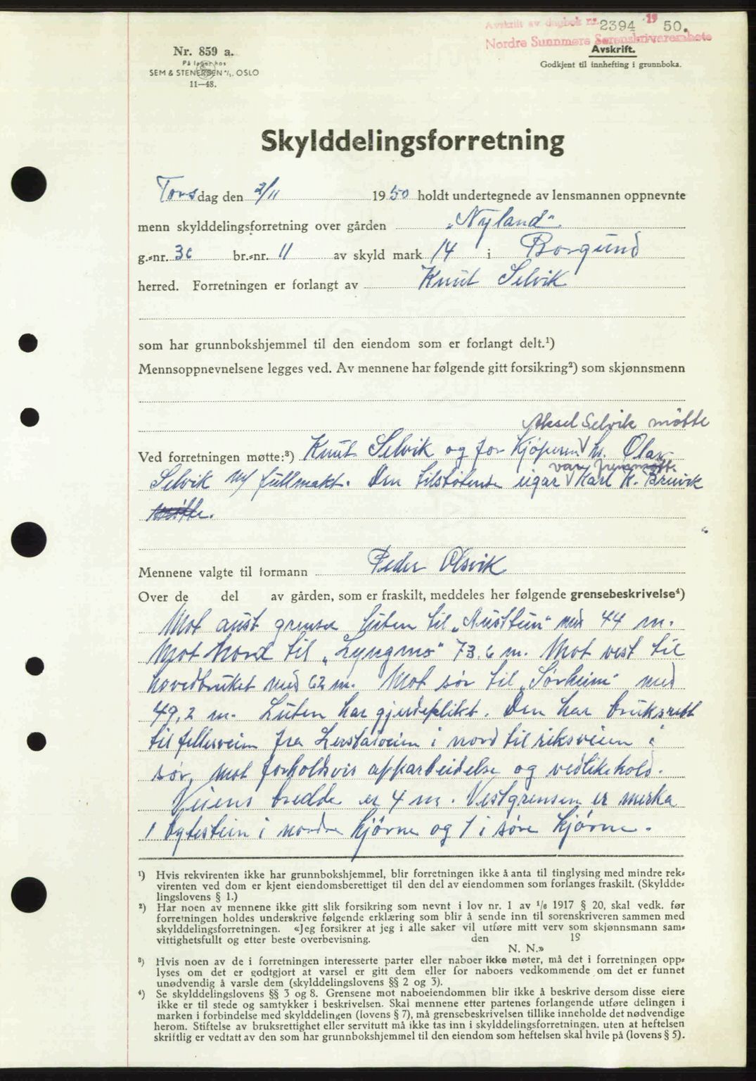 Nordre Sunnmøre sorenskriveri, AV/SAT-A-0006/1/2/2C/2Ca: Mortgage book no. A36, 1950-1950, Diary no: : 2394/1950