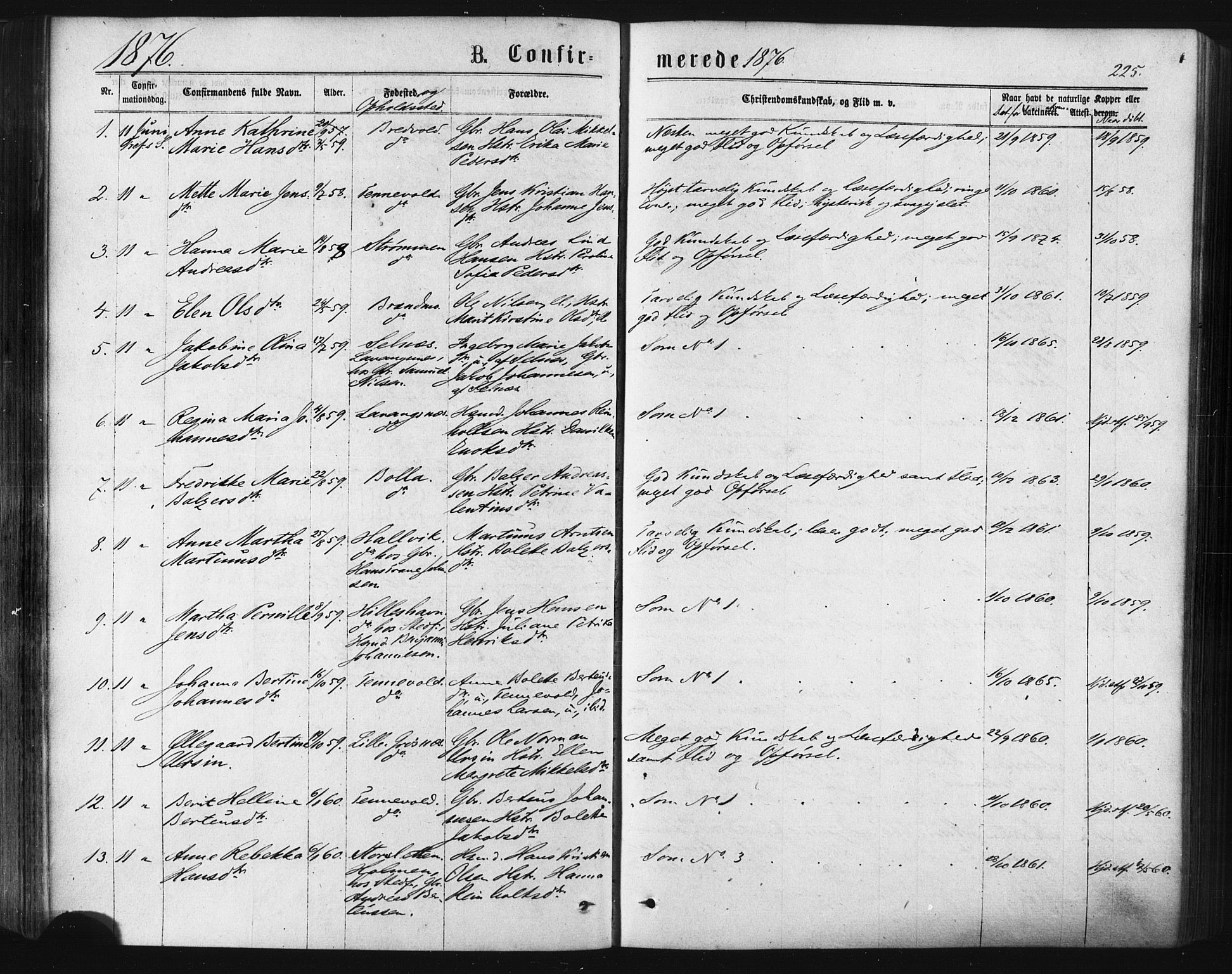 Ibestad sokneprestembete, SATØ/S-0077/H/Ha/Haa/L0010kirke: Parish register (official) no. 10, 1869-1879, p. 225