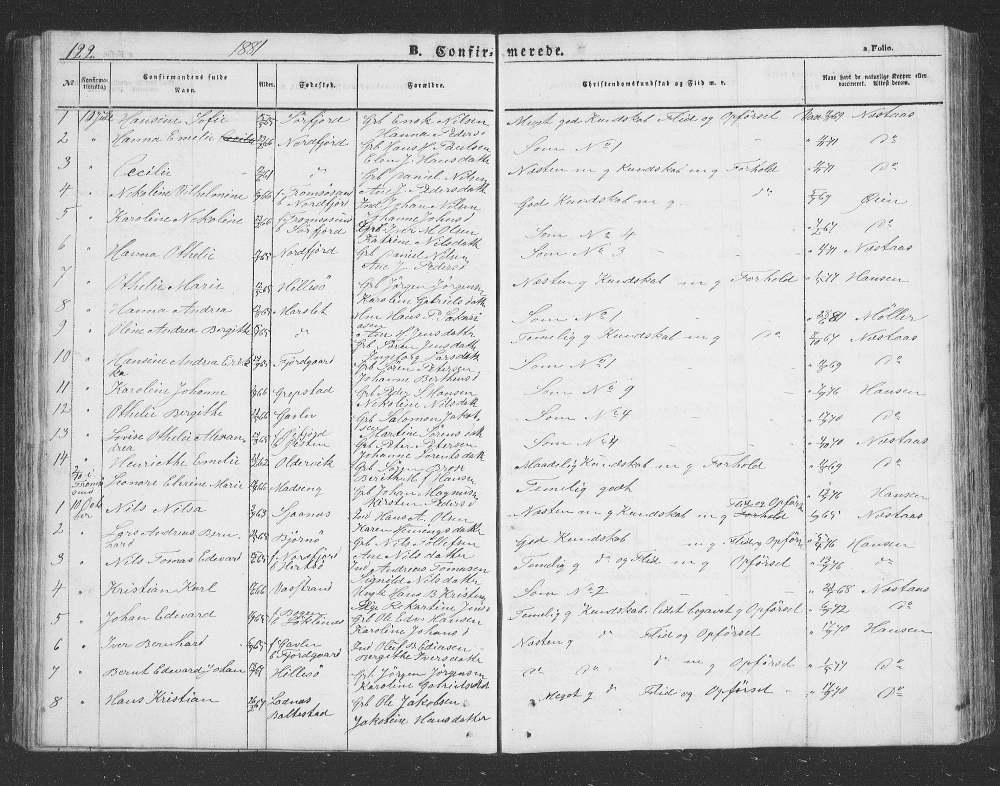 Lenvik sokneprestembete, SATØ/S-1310/H/Ha/Hab/L0020klokker: Parish register (copy) no. 20, 1855-1883, p. 122