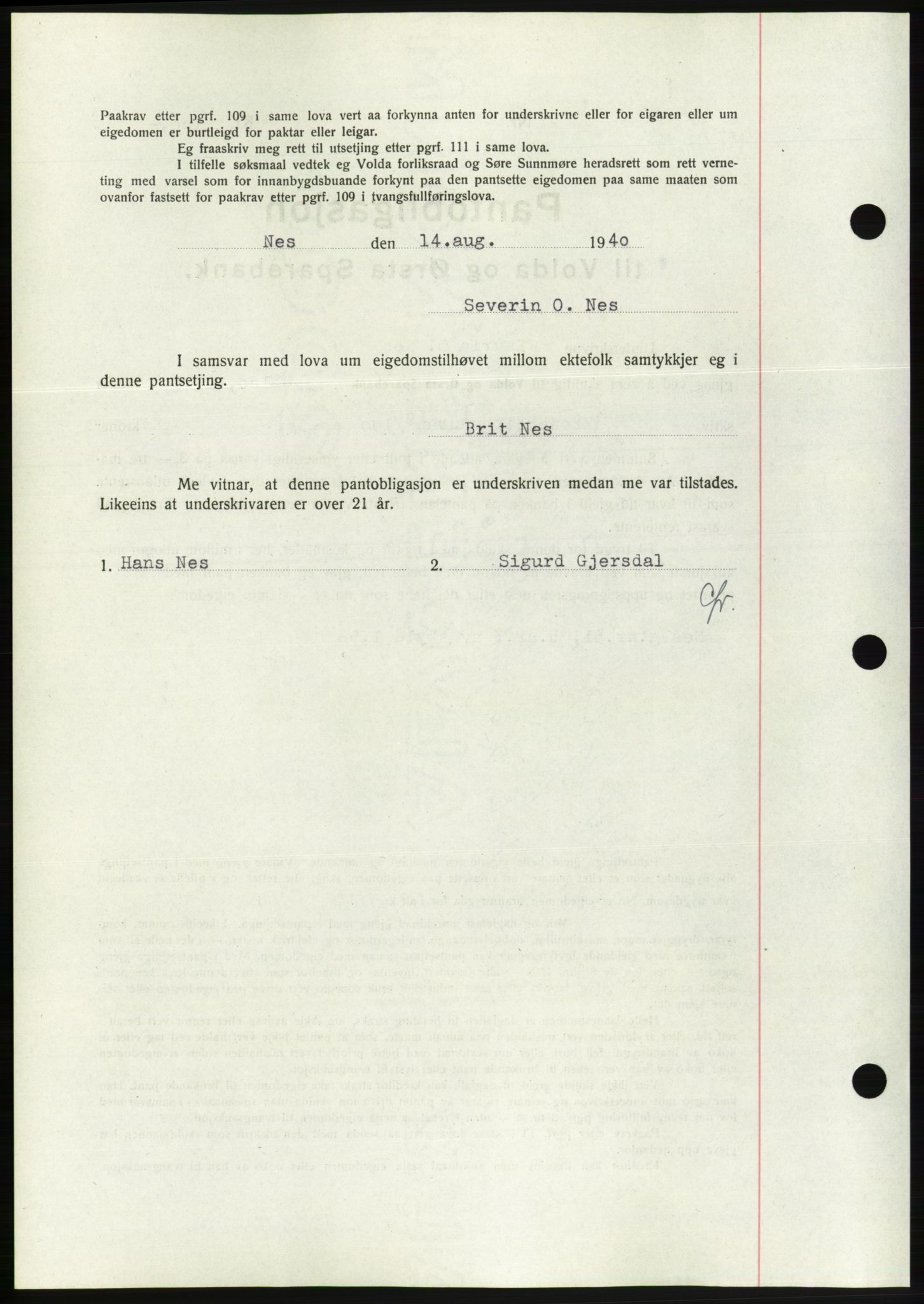Søre Sunnmøre sorenskriveri, AV/SAT-A-4122/1/2/2C/L0070: Mortgage book no. 64, 1940-1941, Diary no: : 526/1940