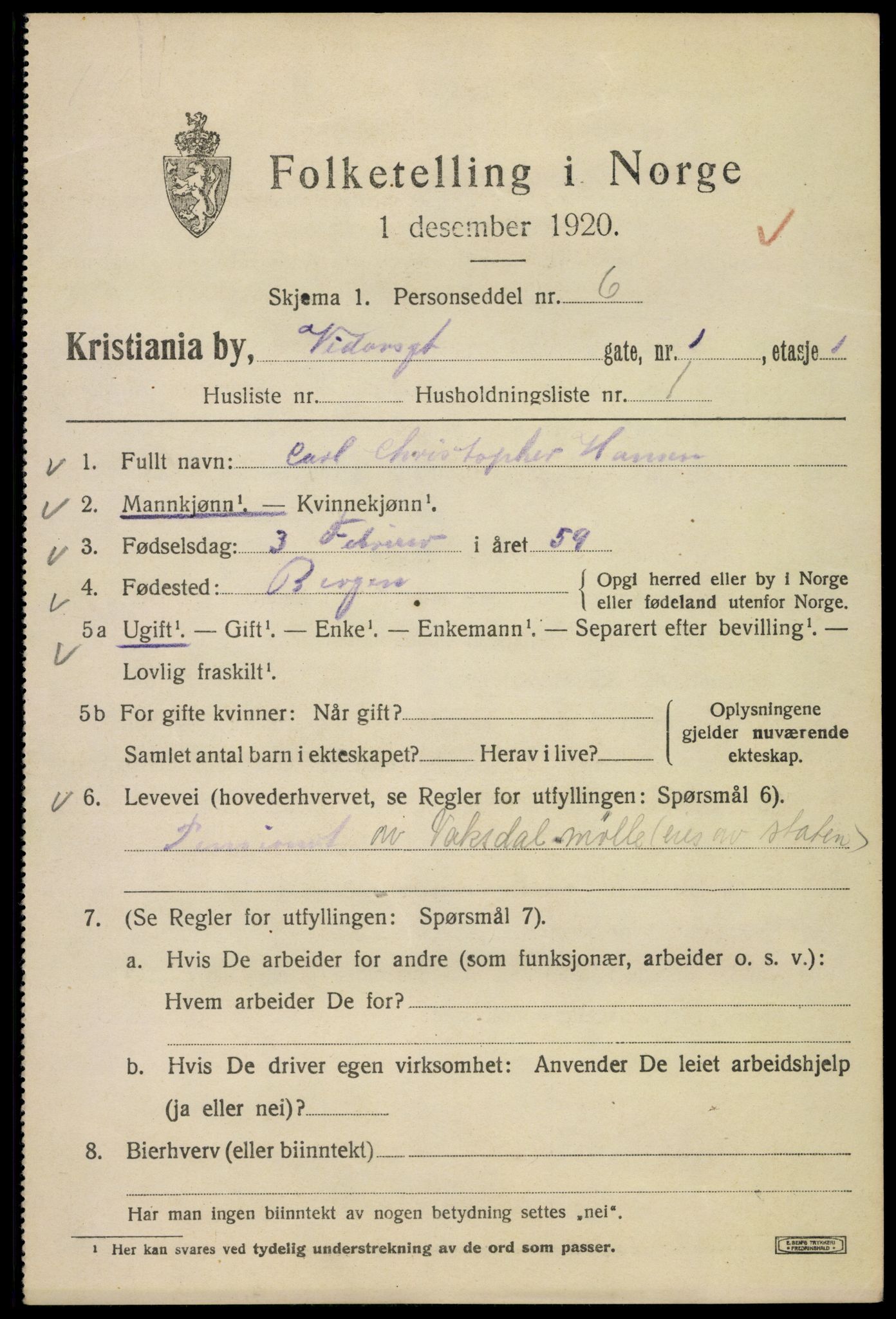 SAO, 1920 census for Kristiania, 1920, p. 636235