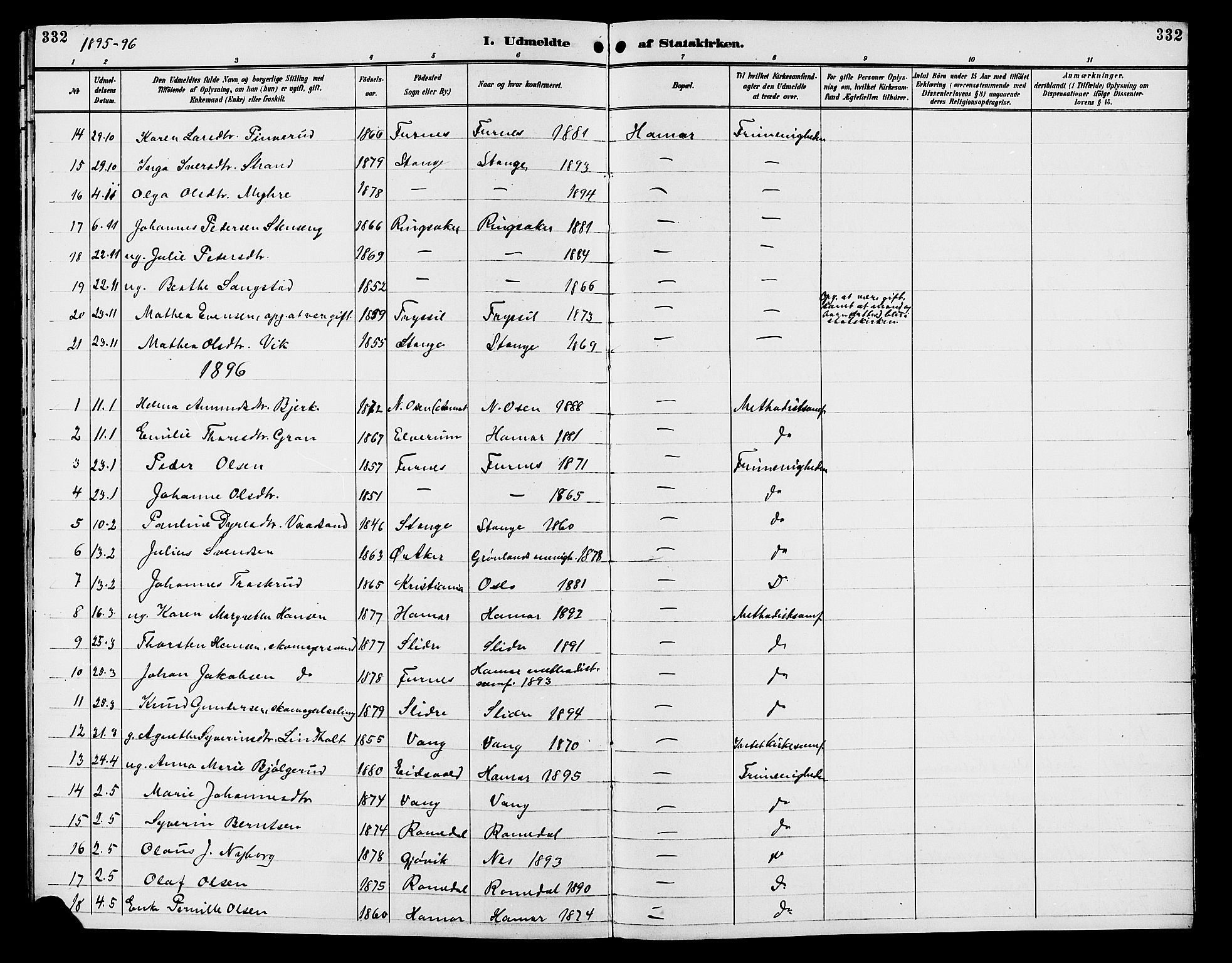 Vang prestekontor, Hedmark, AV/SAH-PREST-008/H/Ha/Hab/L0013: Parish register (copy) no. 13, 1890-1899, p. 332