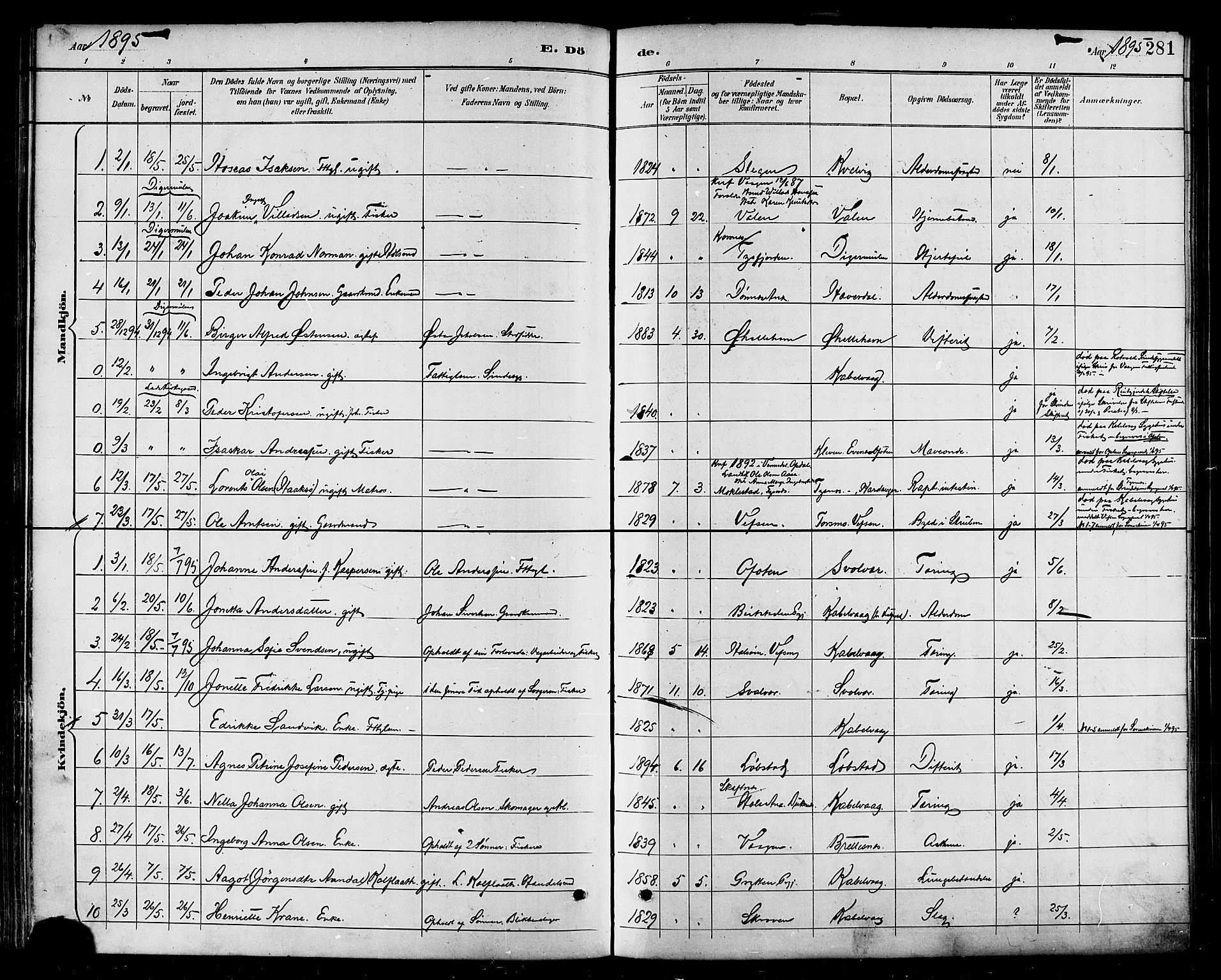 Ministerialprotokoller, klokkerbøker og fødselsregistre - Nordland, SAT/A-1459/874/L1060: Parish register (official) no. 874A04, 1890-1899, p. 281