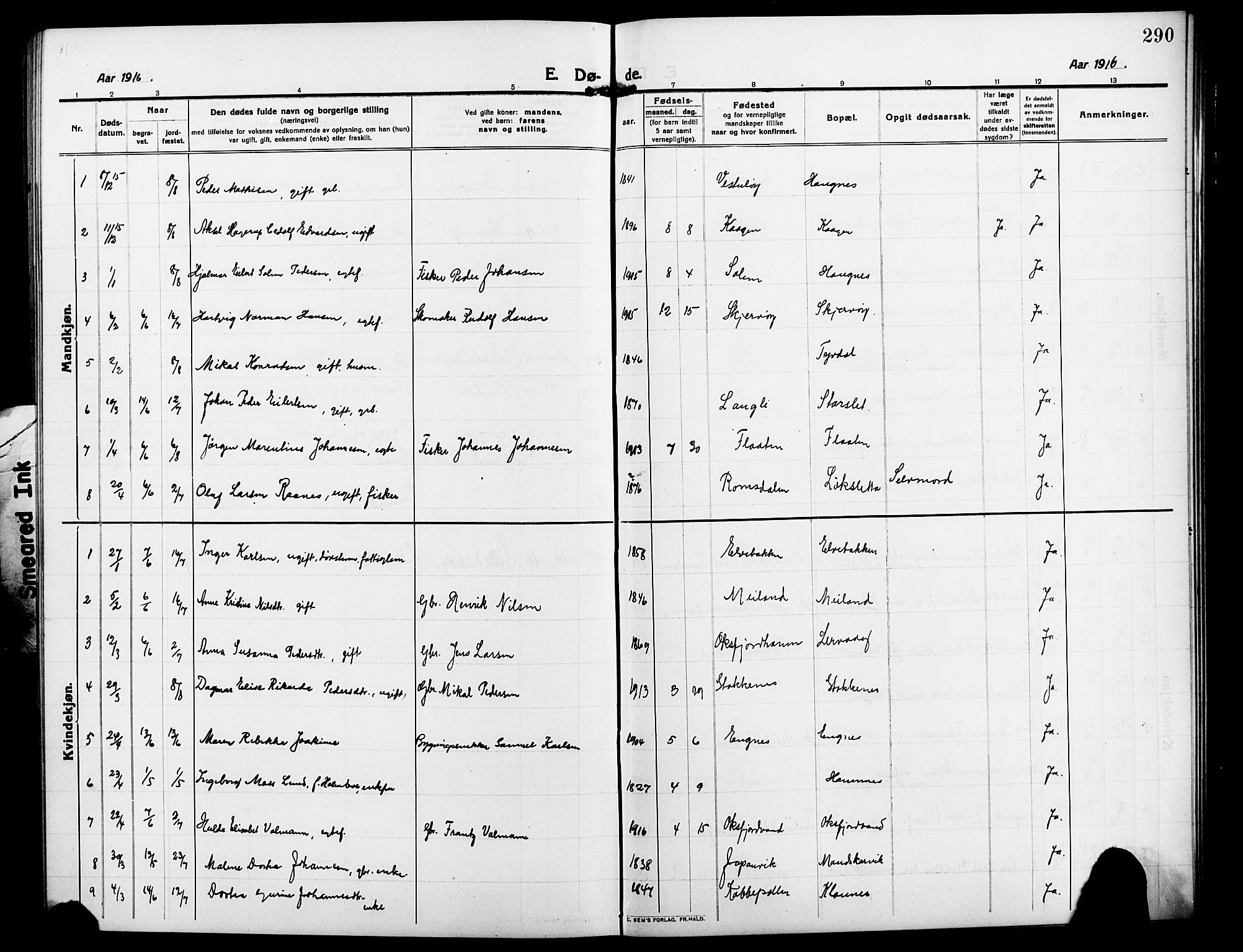 Skjervøy sokneprestkontor, SATØ/S-1300/H/Ha/Hab/L0009klokker: Parish register (copy) no. 9, 1911-1926, p. 290