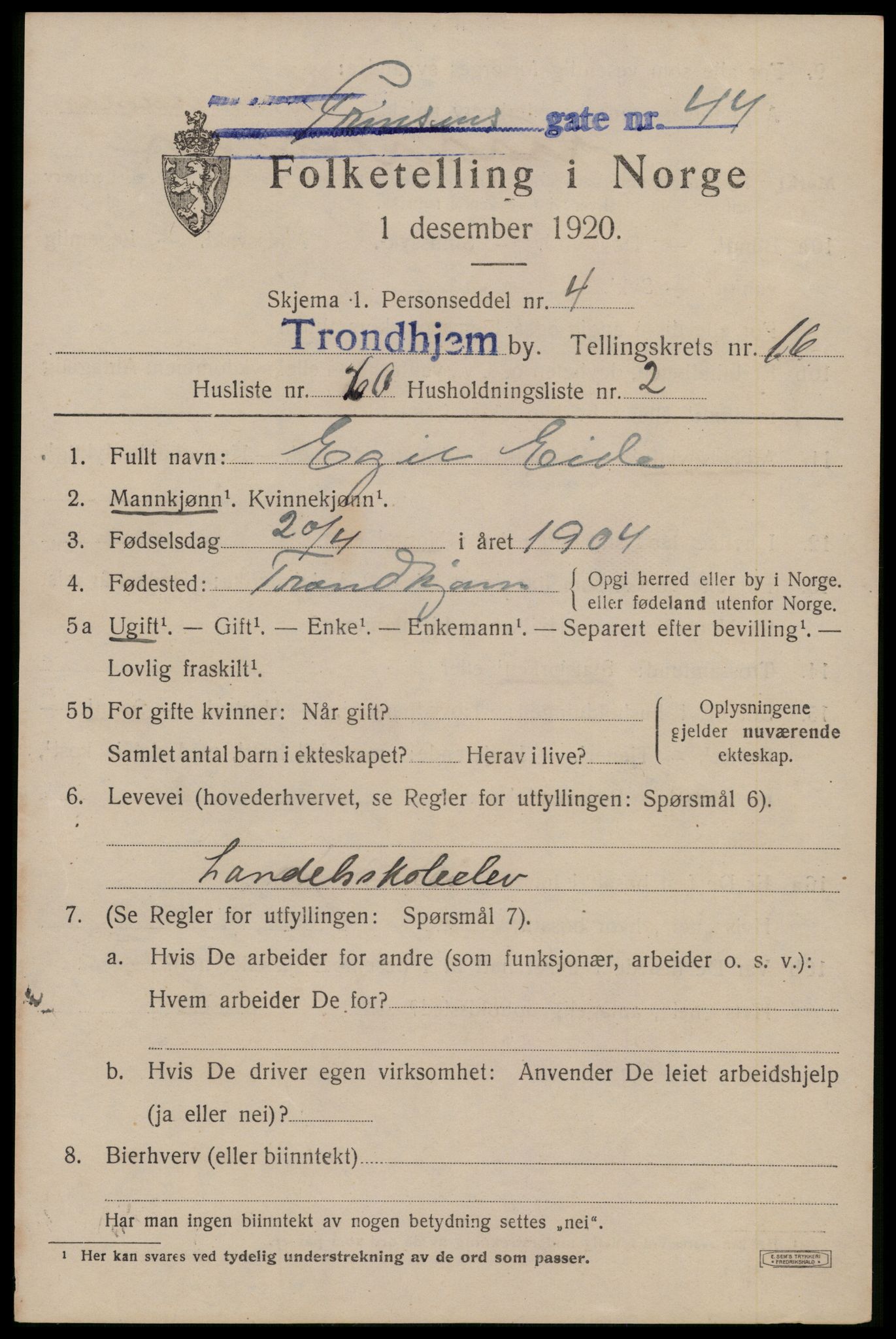 SAT, 1920 census for Trondheim, 1920, p. 55378