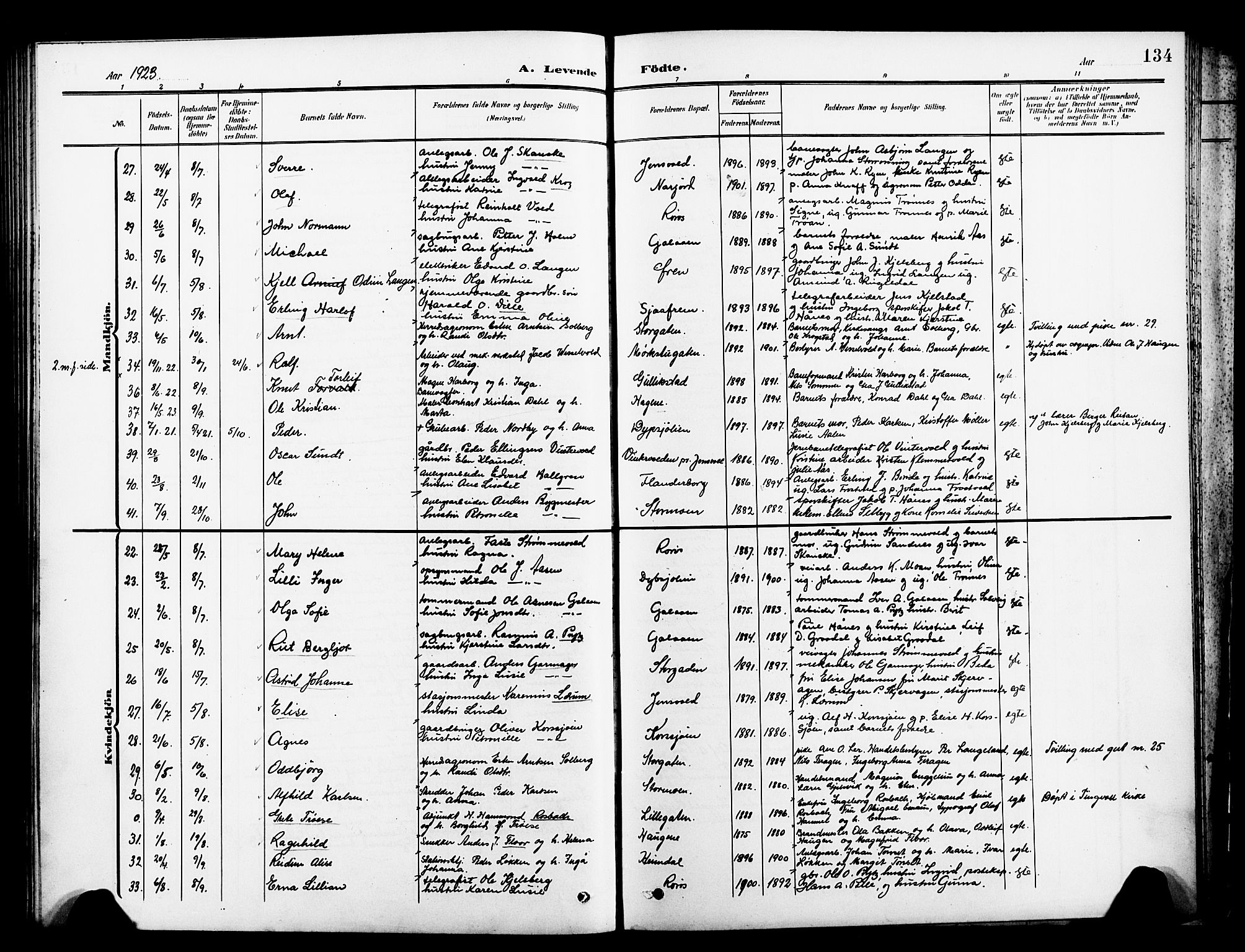 Ministerialprotokoller, klokkerbøker og fødselsregistre - Sør-Trøndelag, AV/SAT-A-1456/681/L0942: Parish register (copy) no. 681C06, 1906-1925, p. 134