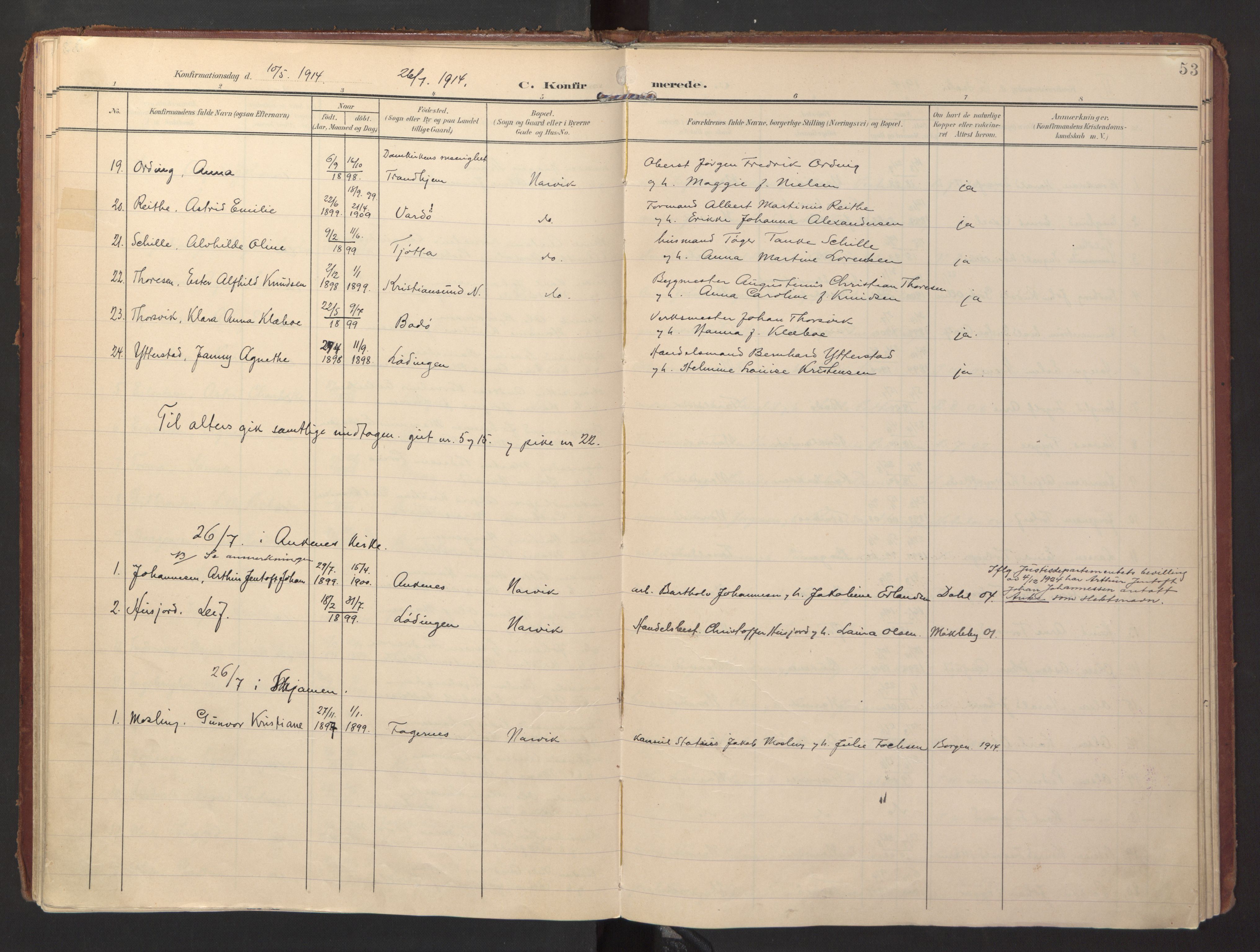 Ministerialprotokoller, klokkerbøker og fødselsregistre - Nordland, AV/SAT-A-1459/871/L0998: Parish register (official) no. 871A14, 1902-1921, p. 53