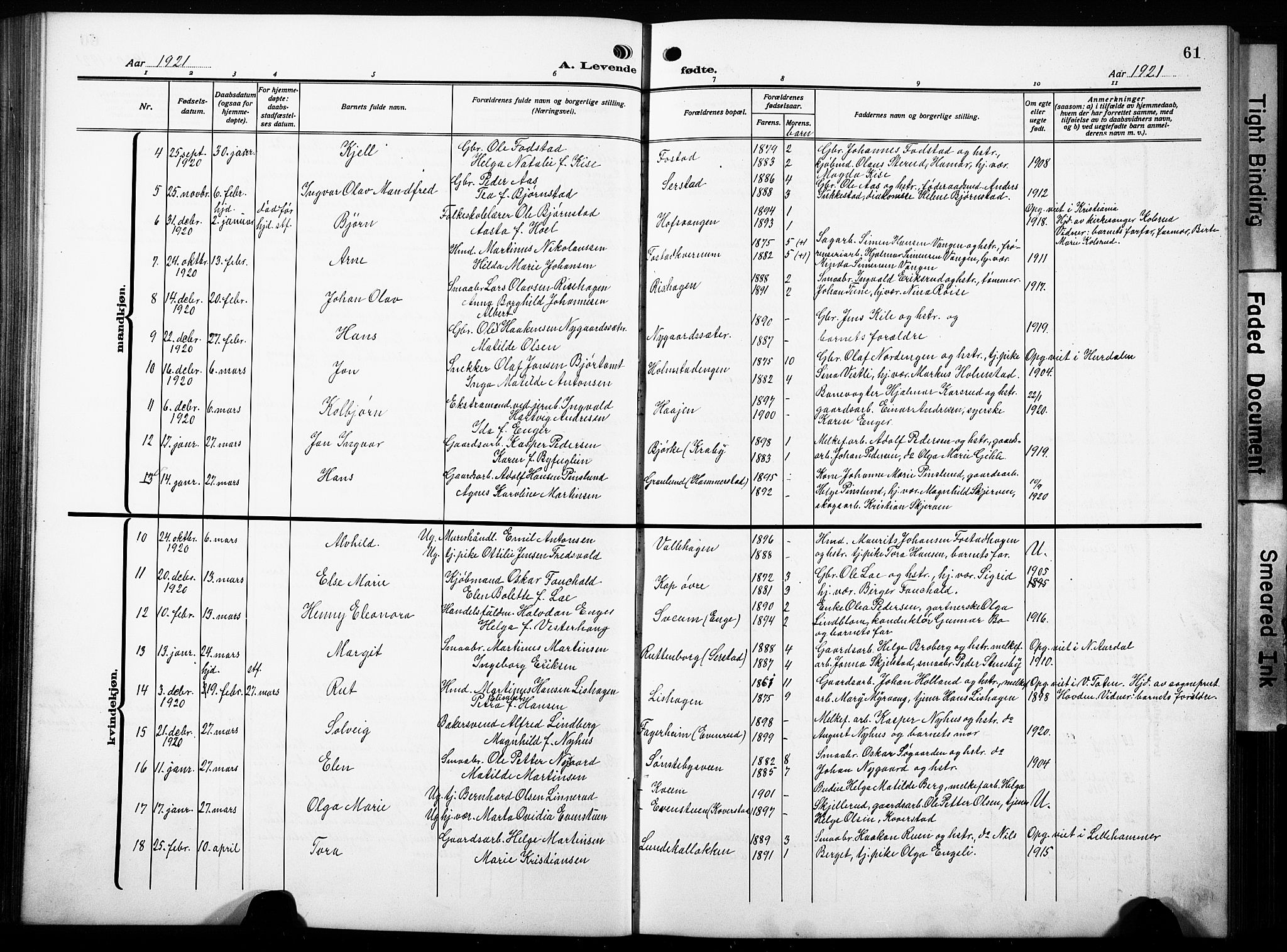 Østre Toten prestekontor, AV/SAH-PREST-104/H/Ha/Hab/L0010: Parish register (copy) no. 10, 1912-1933, p. 61