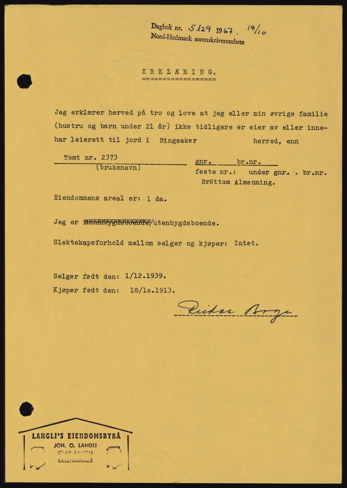 Nord-Hedmark sorenskriveri, AV/SAH-TING-012/H/Hc/L0026: Mortgage book no. 26, 1967-1967, Diary no: : 5129/1967