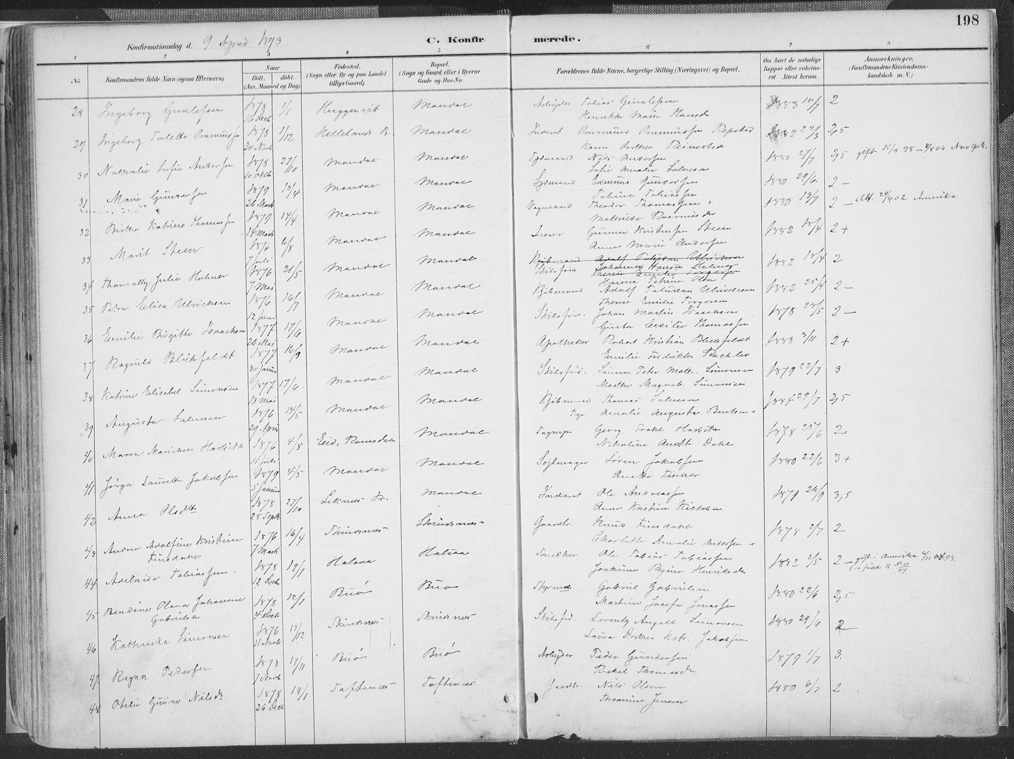 Mandal sokneprestkontor, AV/SAK-1111-0030/F/Fa/Faa/L0018: Parish register (official) no. A 18, 1890-1905, p. 198