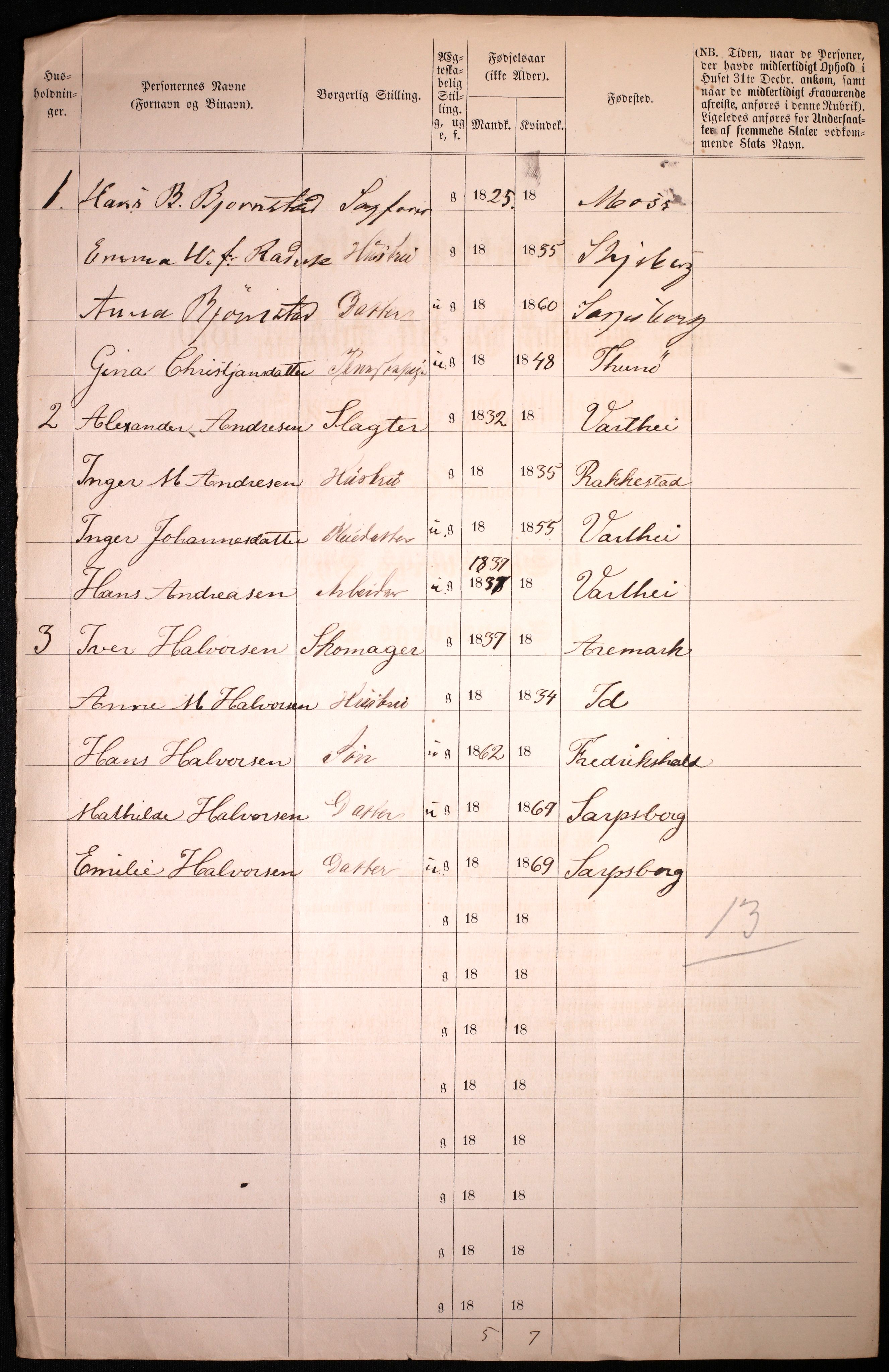 RA, 1870 census for 0102 Sarpsborg, 1870, p. 494