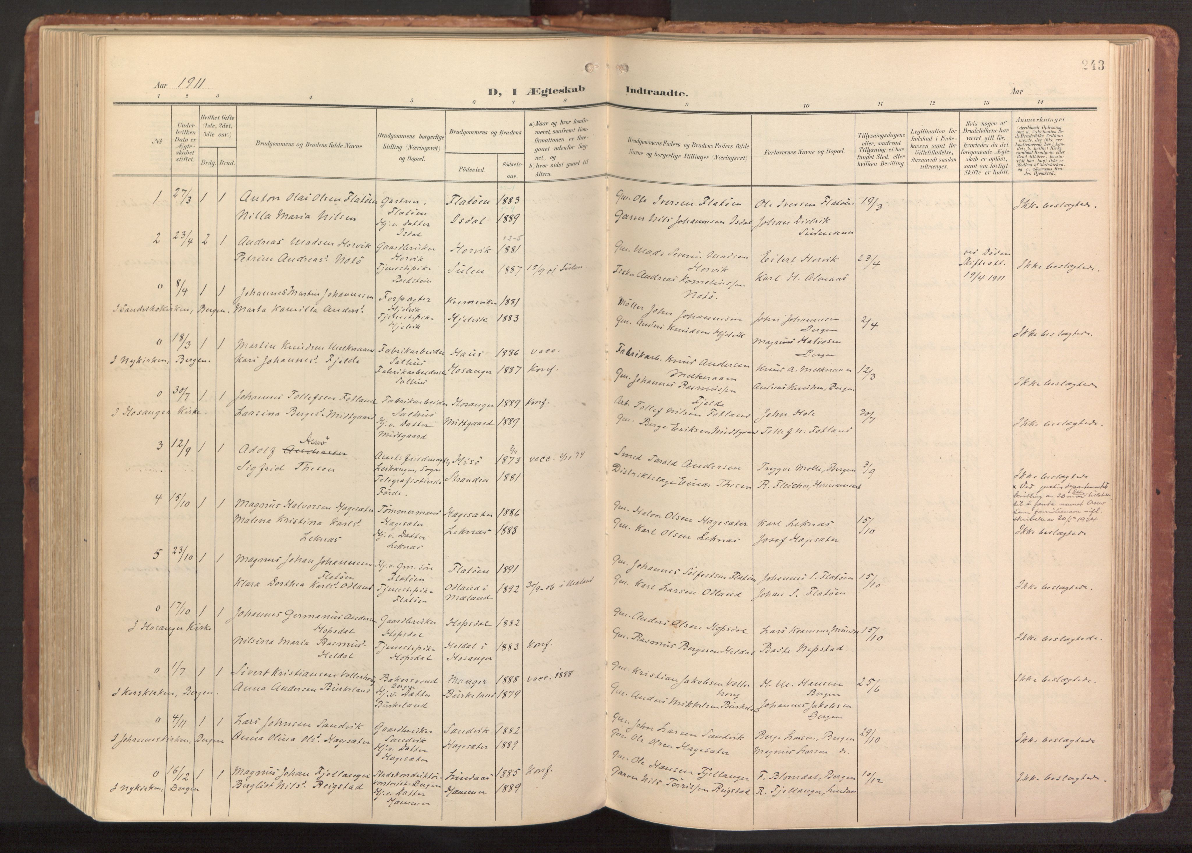 Hamre sokneprestembete, AV/SAB-A-75501/H/Ha/Haa/Haab/L0002: Parish register (official) no. B 2, 1905-1924, p. 243