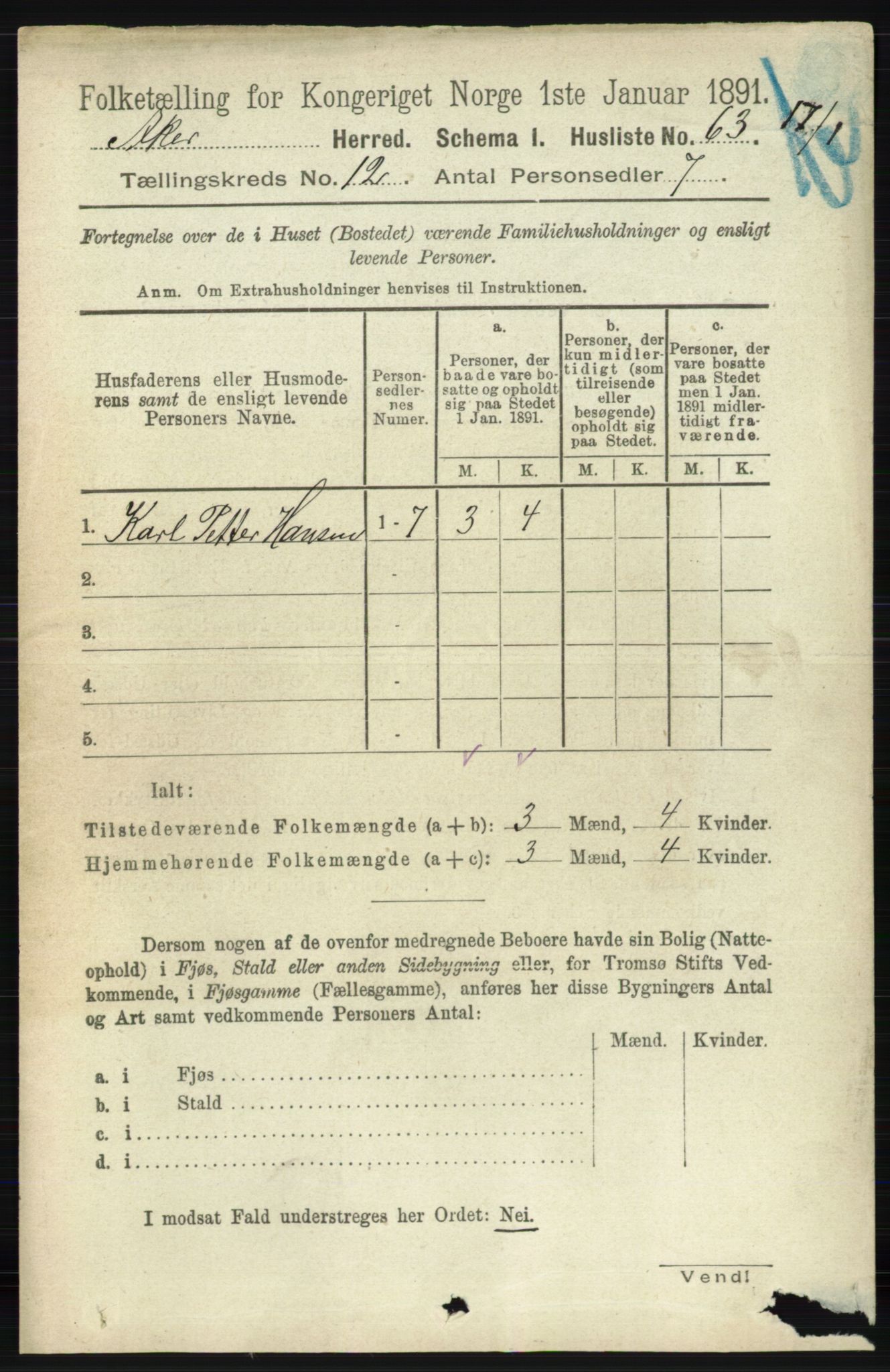 RA, 1891 census for 0218 Aker, 1891, p. 11397