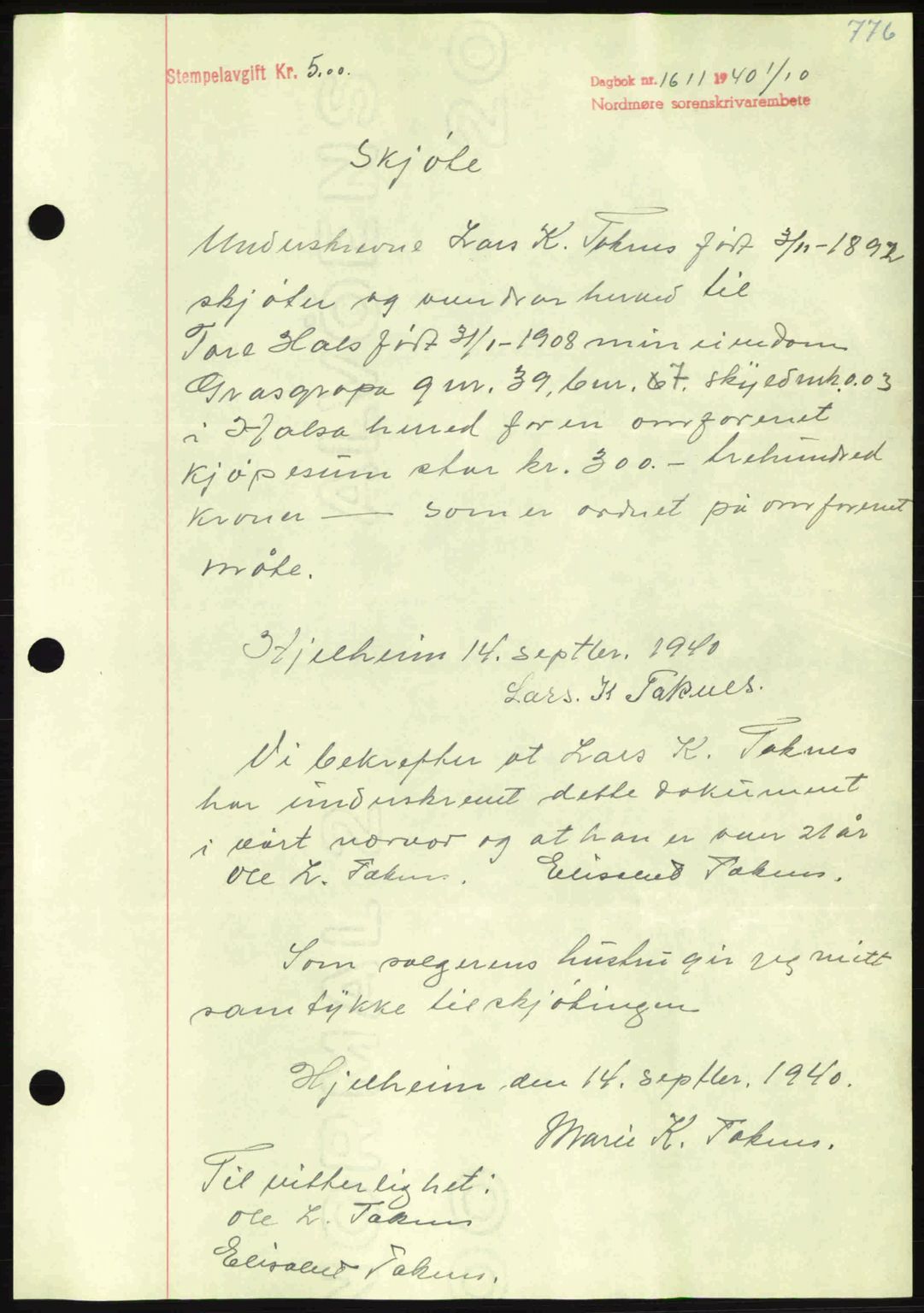 Nordmøre sorenskriveri, AV/SAT-A-4132/1/2/2Ca: Mortgage book no. A88, 1940-1940, Diary no: : 1611/1940