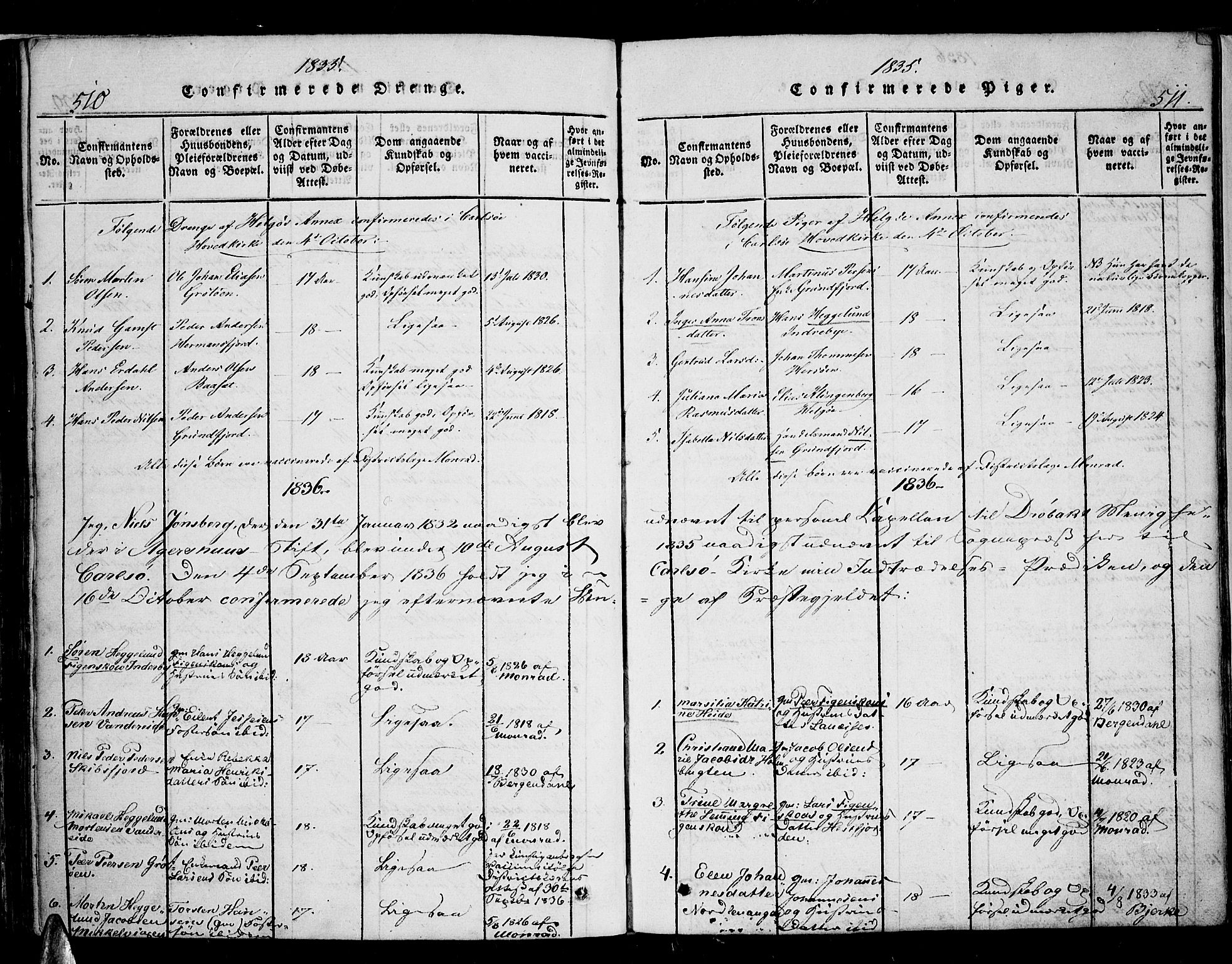 Karlsøy sokneprestembete, SATØ/S-1299/H/Ha/Haa/L0002kirke: Parish register (official) no. 2, 1823-1842, p. 510-511