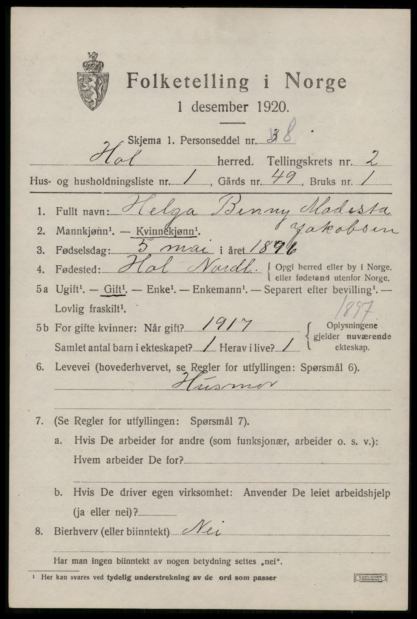 SAT, 1920 census for Hol, 1920, p. 2143