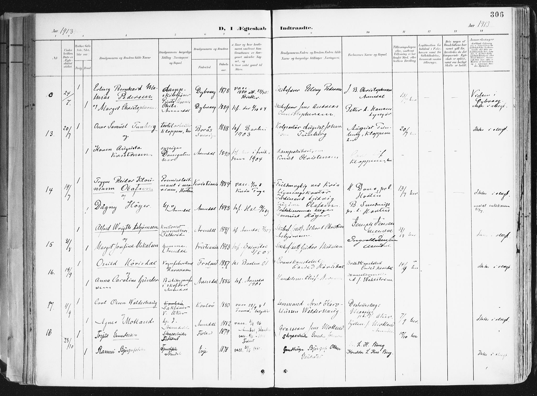 Arendal sokneprestkontor, Trefoldighet, AV/SAK-1111-0040/F/Fa/L0010: Parish register (official) no. A 10, 1900-1919, p. 306