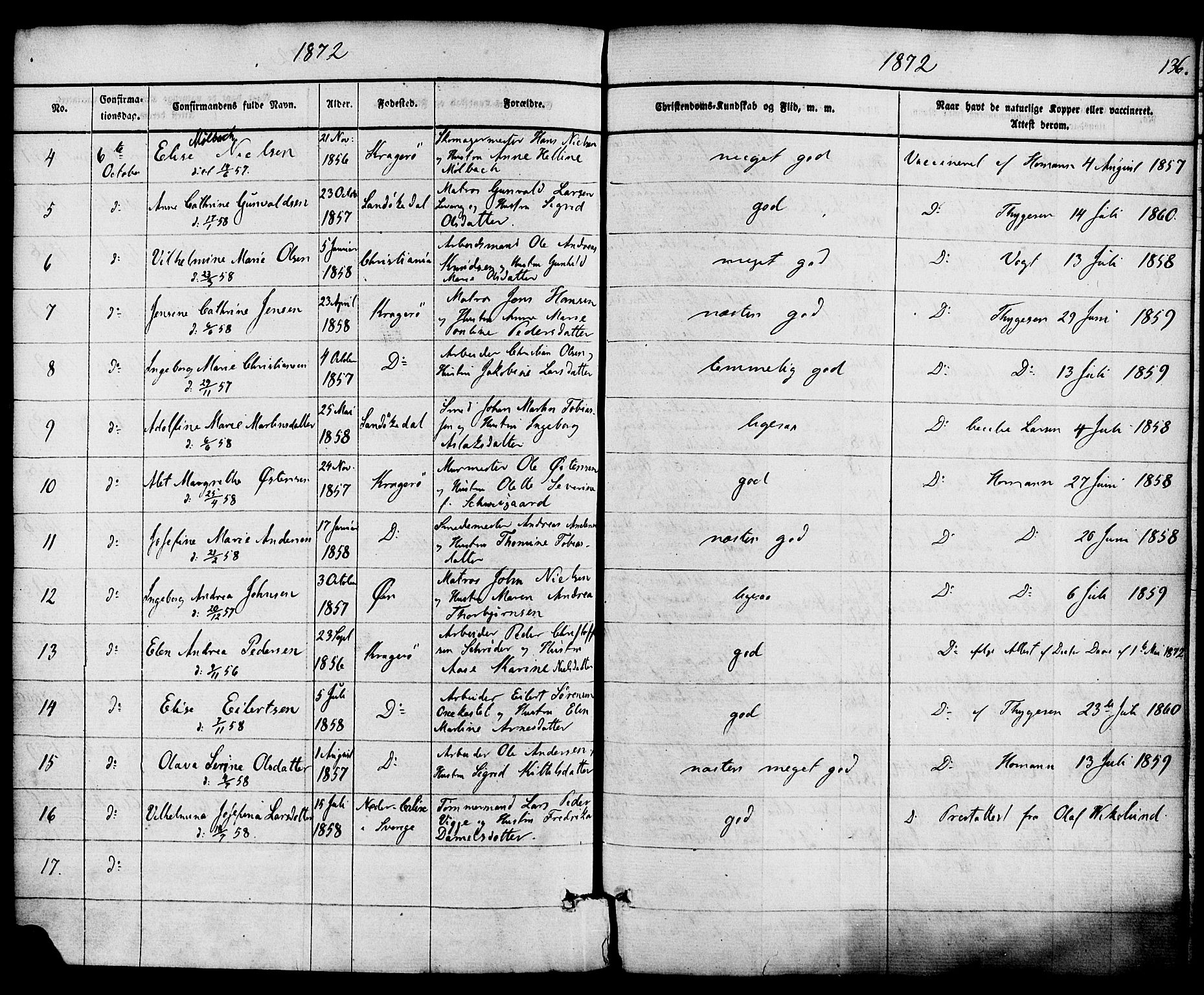 Kragerø kirkebøker, SAKO/A-278/F/Fa/L0008: Parish register (official) no. 8, 1856-1880, p. 136