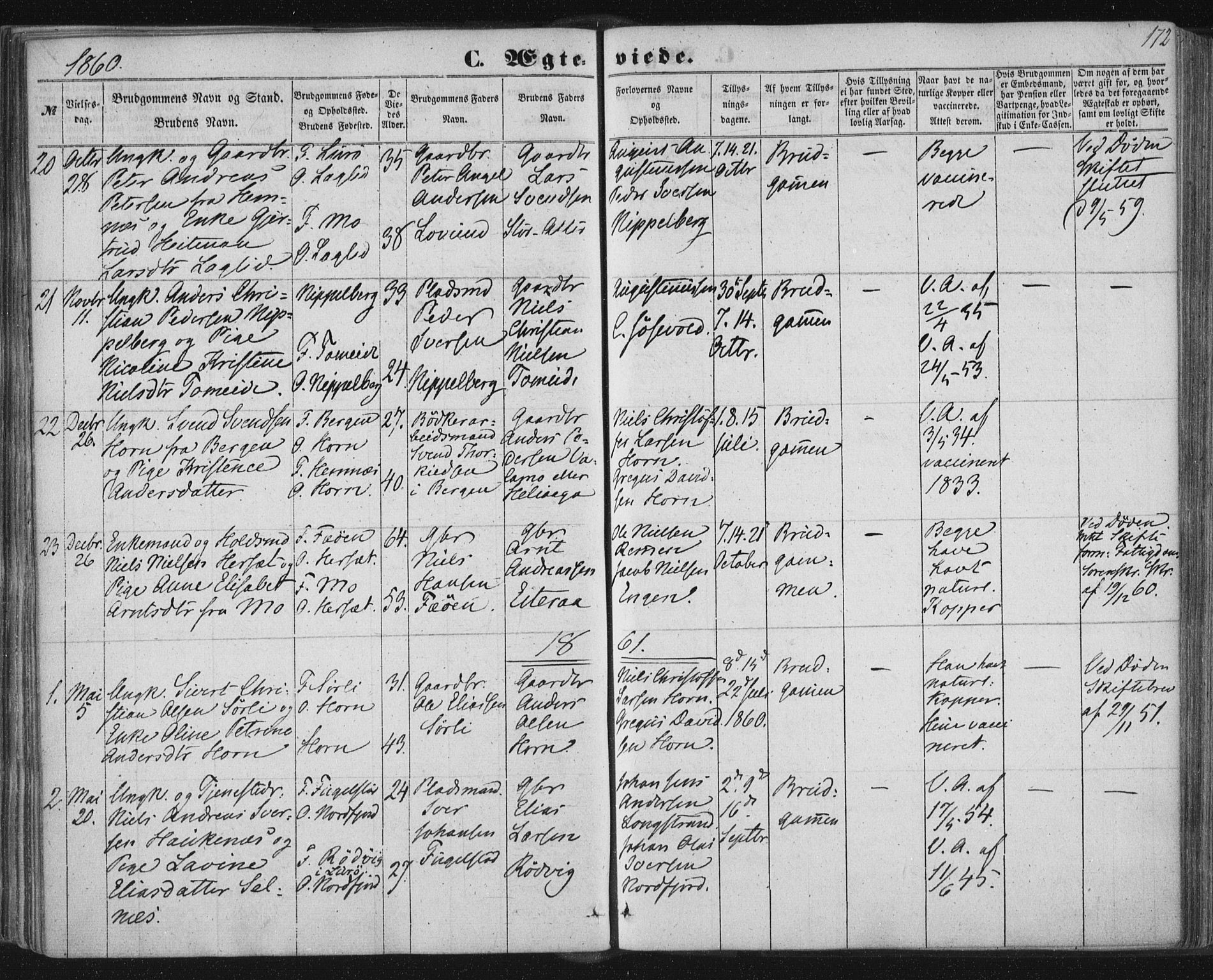 Ministerialprotokoller, klokkerbøker og fødselsregistre - Nordland, AV/SAT-A-1459/838/L0550: Parish register (official) no. 838A08, 1855-1865, p. 172