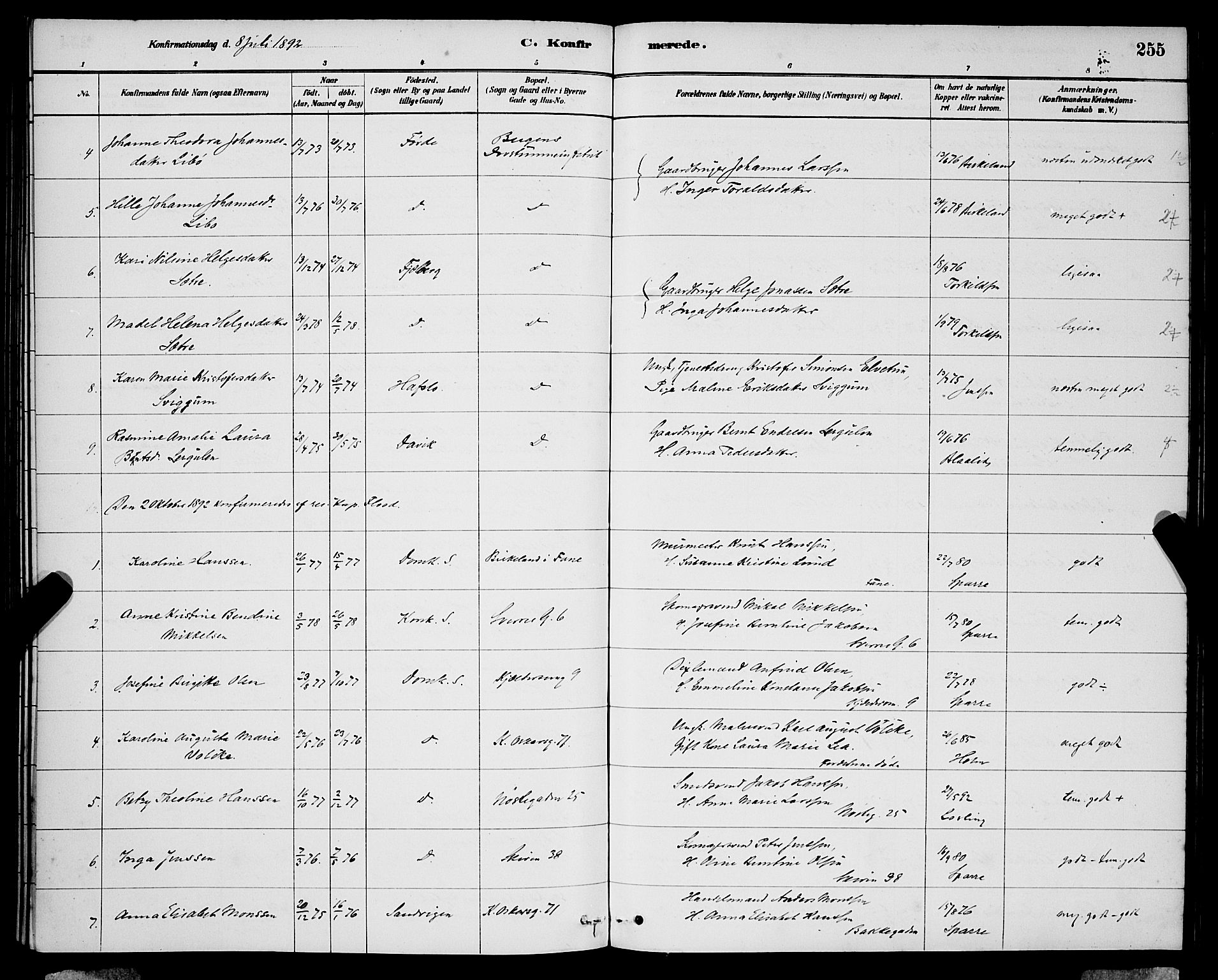 Domkirken sokneprestembete, AV/SAB-A-74801/H/Hab/L0024: Parish register (copy) no. C 4, 1880-1899, p. 255