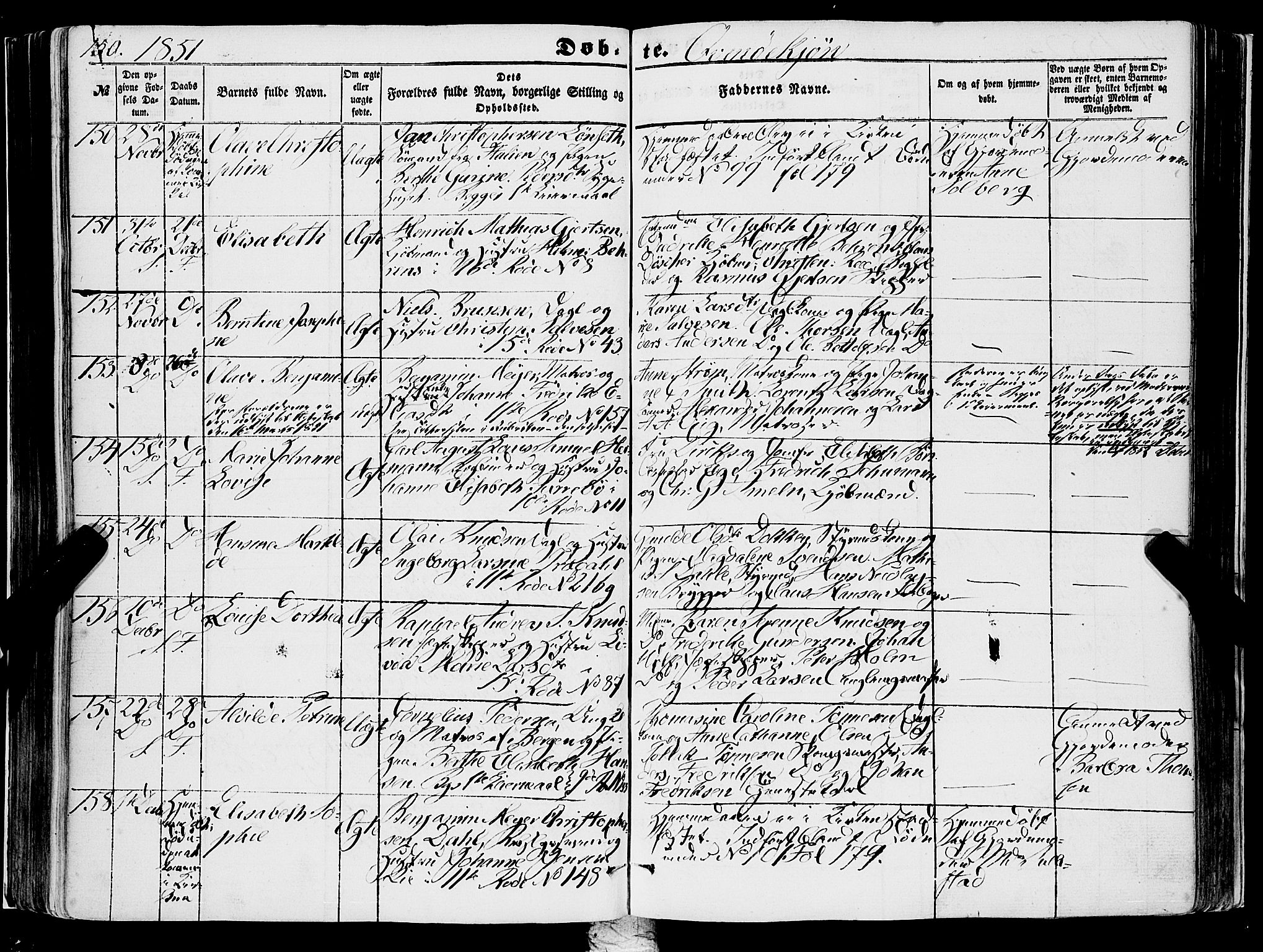 Domkirken sokneprestembete, SAB/A-74801/H/Haa/L0020: Parish register (official) no. B 3, 1851-1859, p. 150