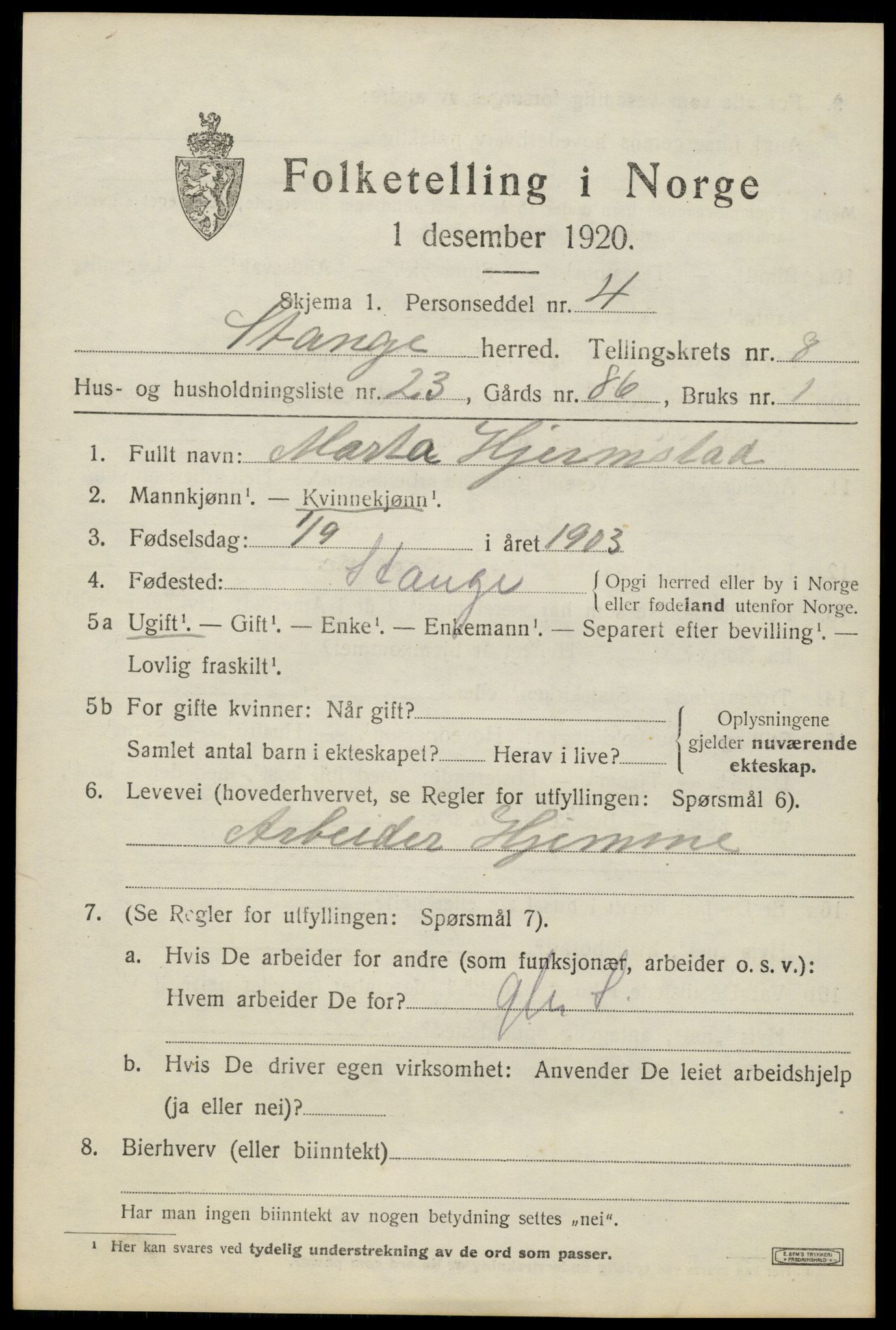 SAH, 1920 census for Stange, 1920, p. 13797