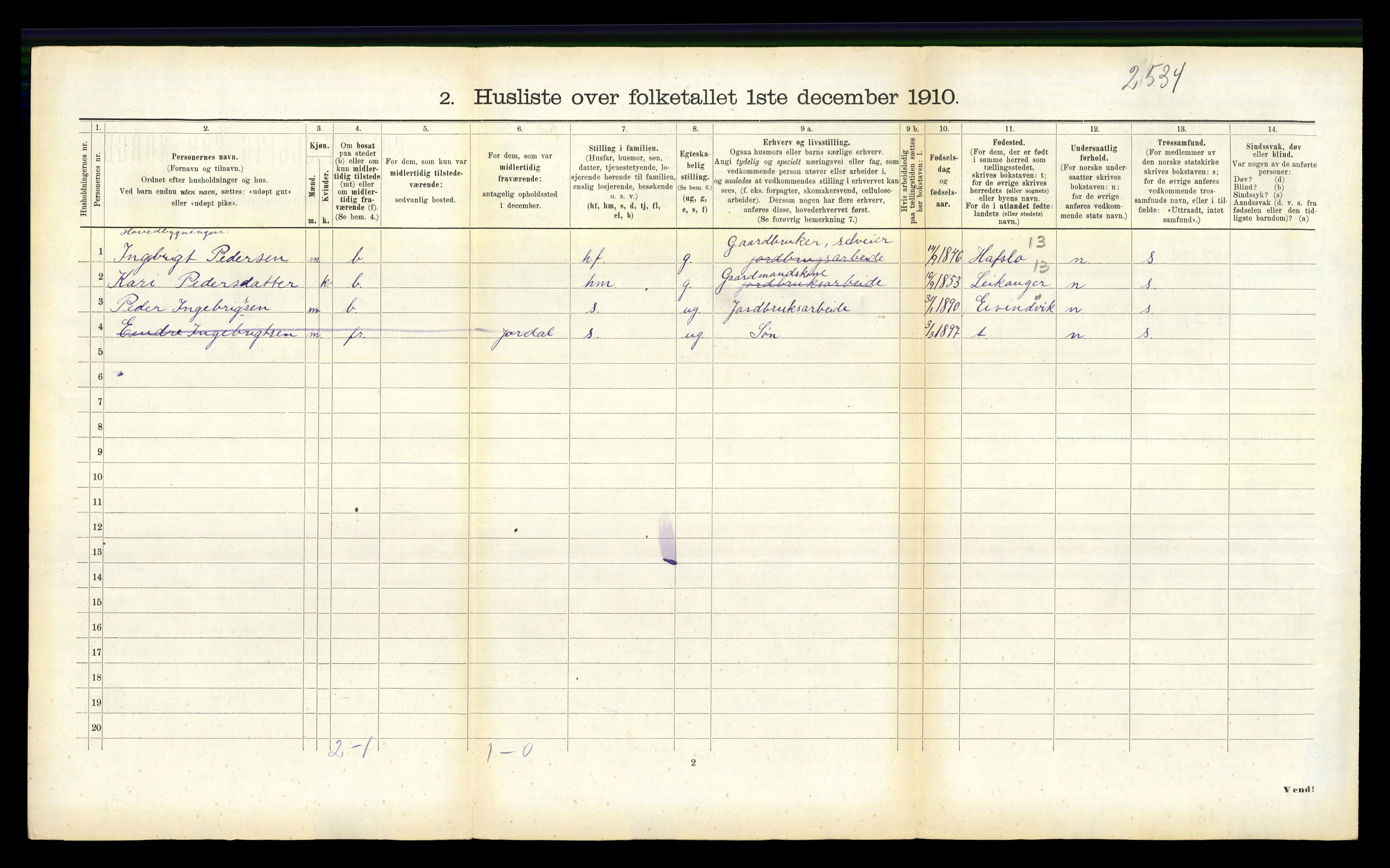 RA, 1910 census for Balestrand, 1910, p. 487