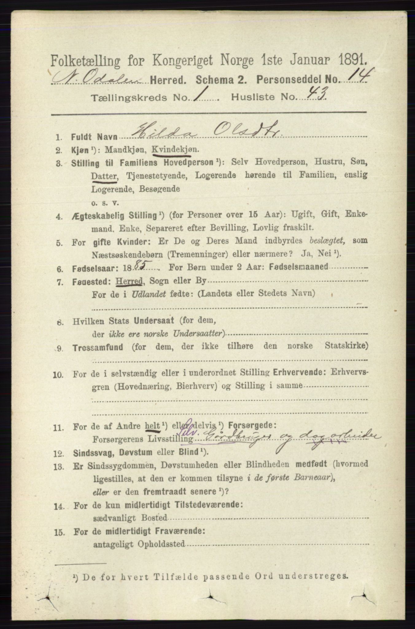 RA, 1891 census for 0418 Nord-Odal, 1891, p. 322