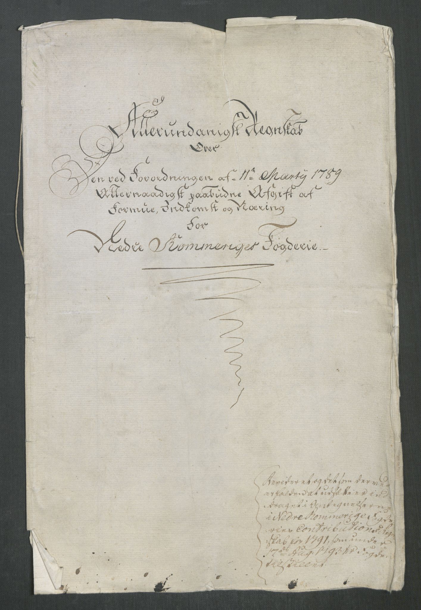 Rentekammeret inntil 1814, Reviderte regnskaper, Mindre regnskaper, AV/RA-EA-4068/Rf/Rfe/L0028: Nedre Romerike fogderi. Nedre Telemark og Bamle fogderi, Nordhordland og Voss fogderi, 1789, p. 4