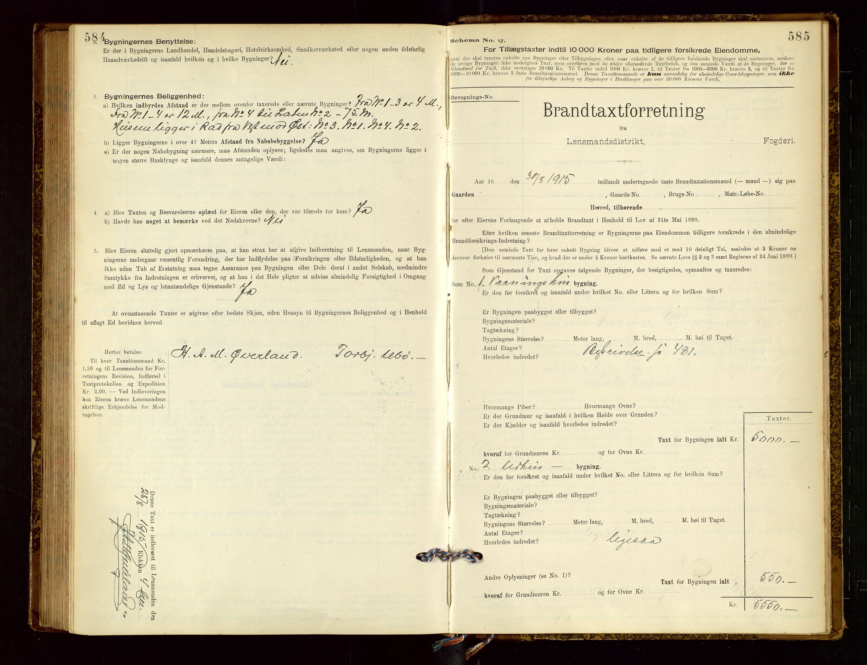 Nedstrand lensmannskontor, SAST/A-100236/Gob/L0001: "Brandtaxationsprotokol for Nerstrand Lensmandsdistrikt Ryfylke fogderi", 1895-1915, p. 584-585
