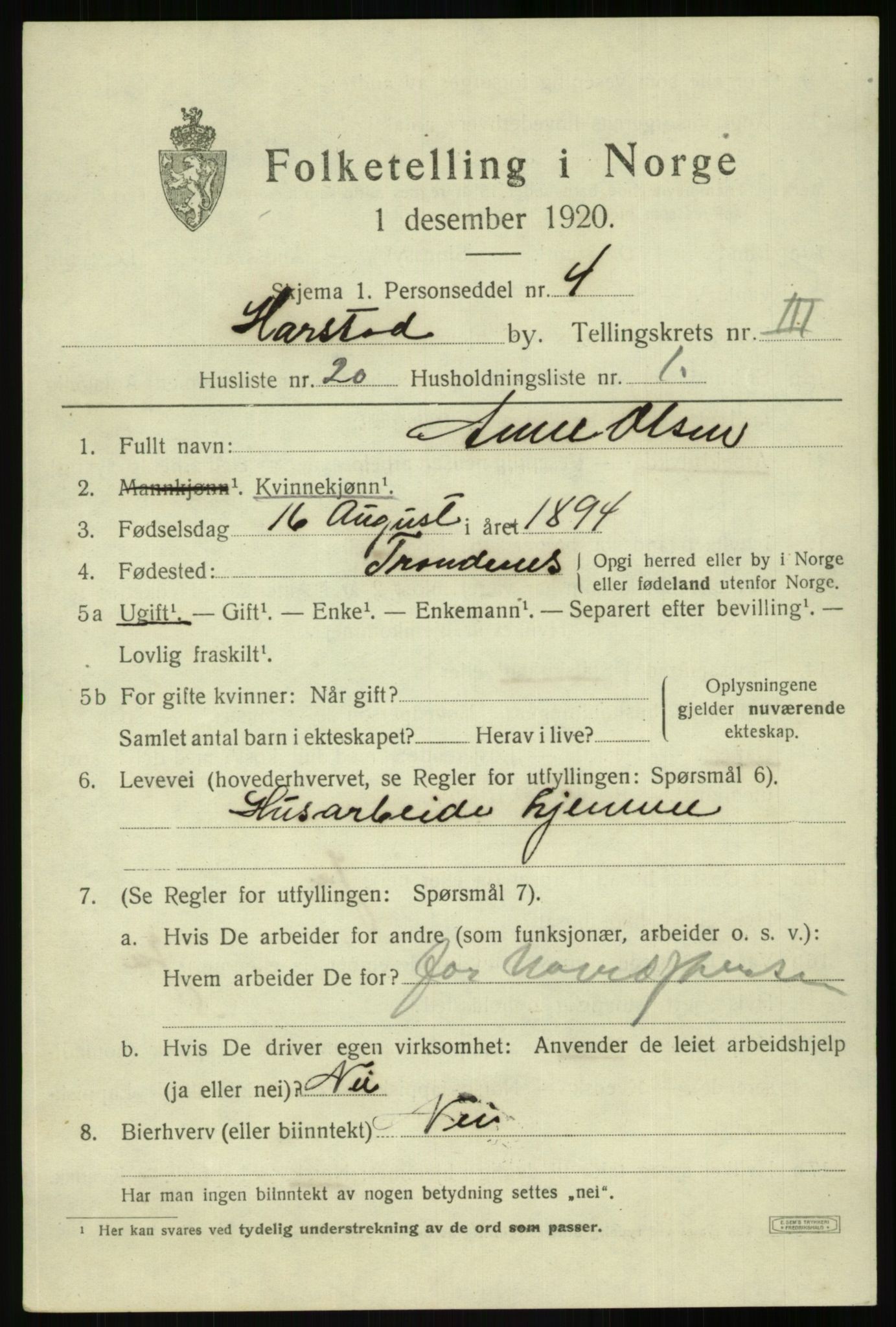 SATØ, 1920 census for Harstad, 1920, p. 4506