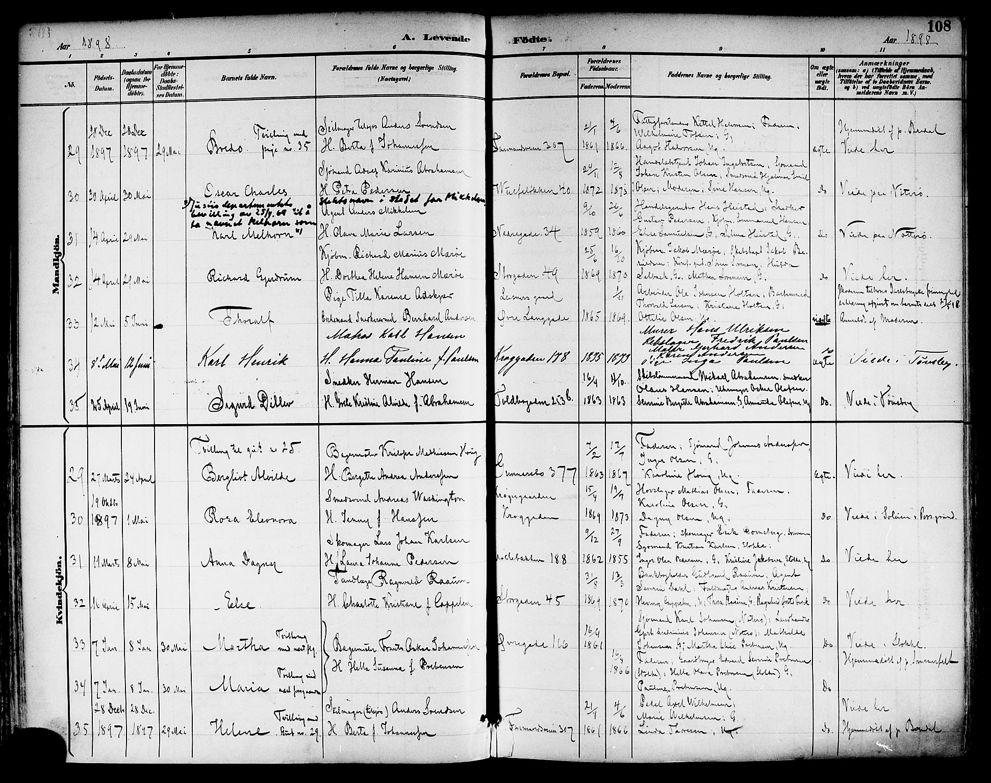 Tønsberg kirkebøker, SAKO/A-330/F/Fa/L0012: Parish register (official) no. I 12, 1891-1899, p. 108