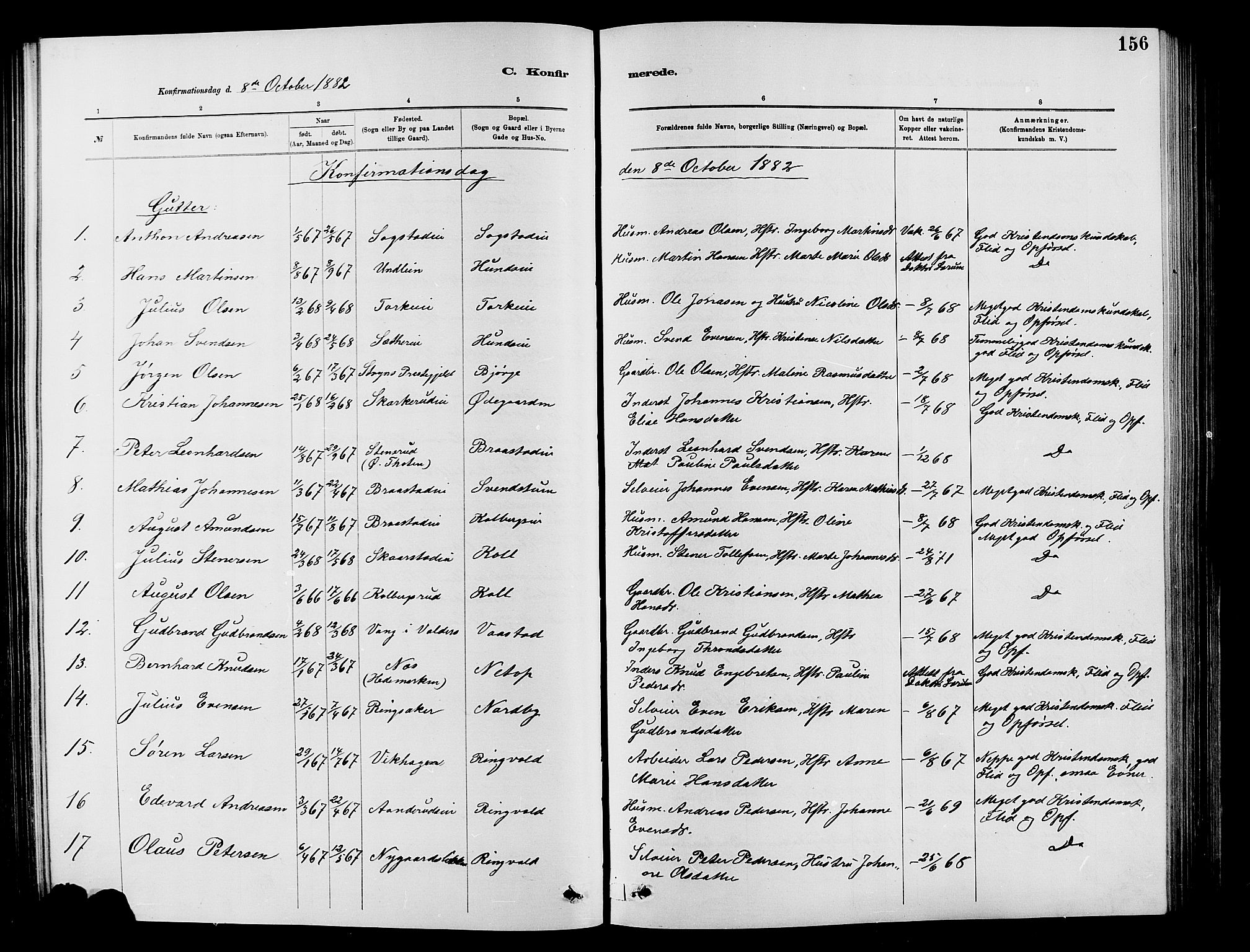 Vardal prestekontor, SAH/PREST-100/H/Ha/Hab/L0007: Parish register (copy) no. 7 /1, 1881-1895, p. 156