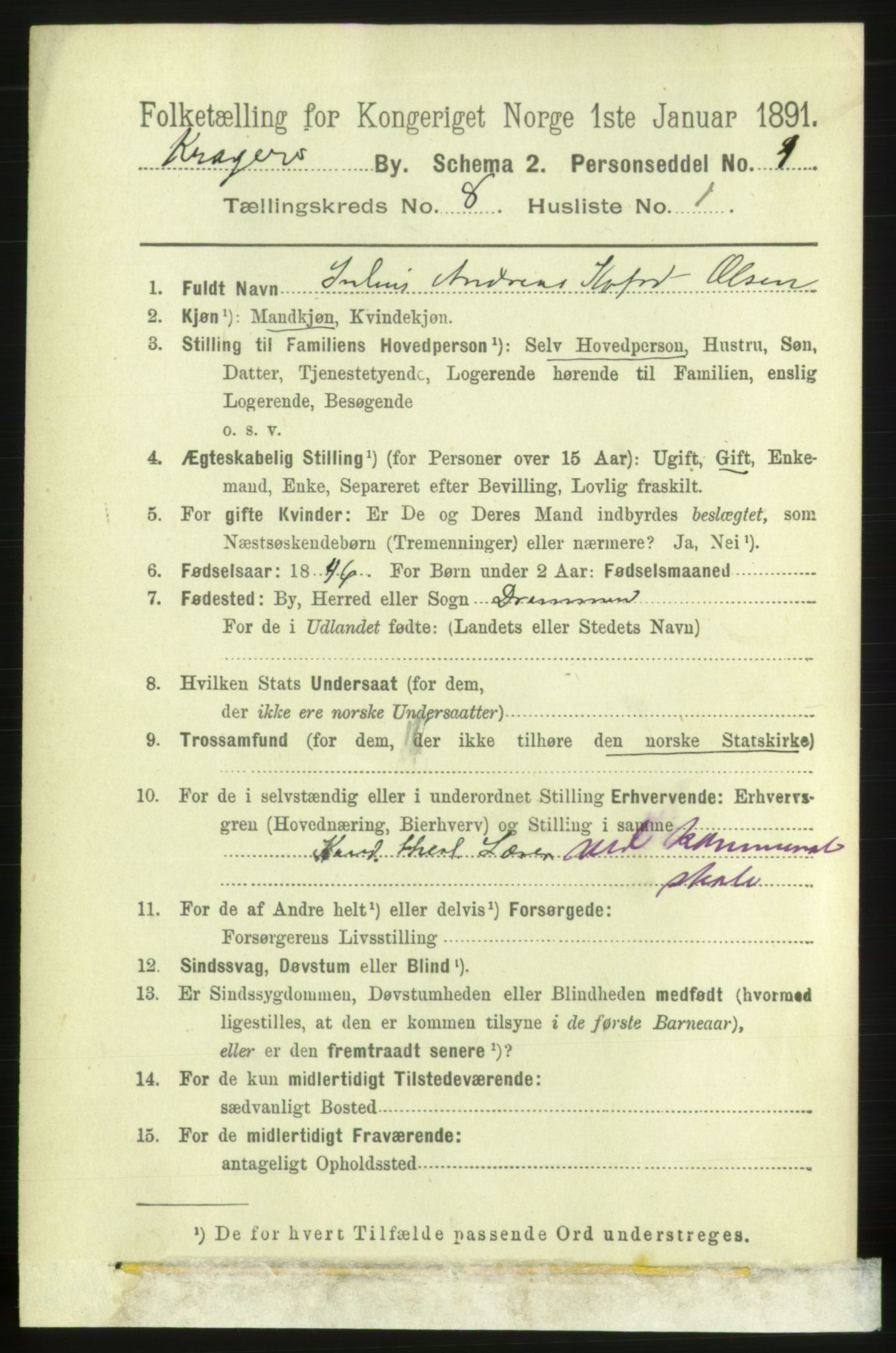 RA, 1891 census for 0801 Kragerø, 1891, p. 3563