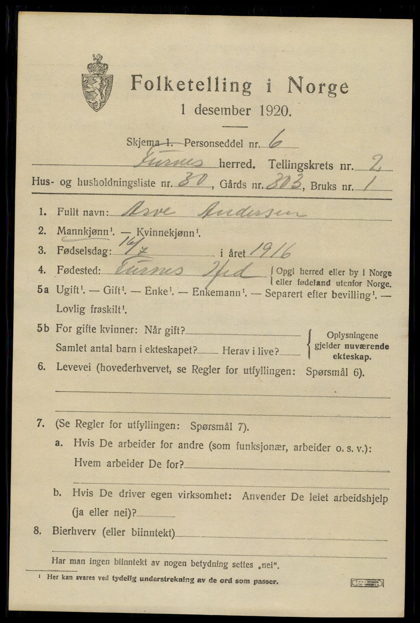 SAH, 1920 census for Furnes, 1920, p. 3411