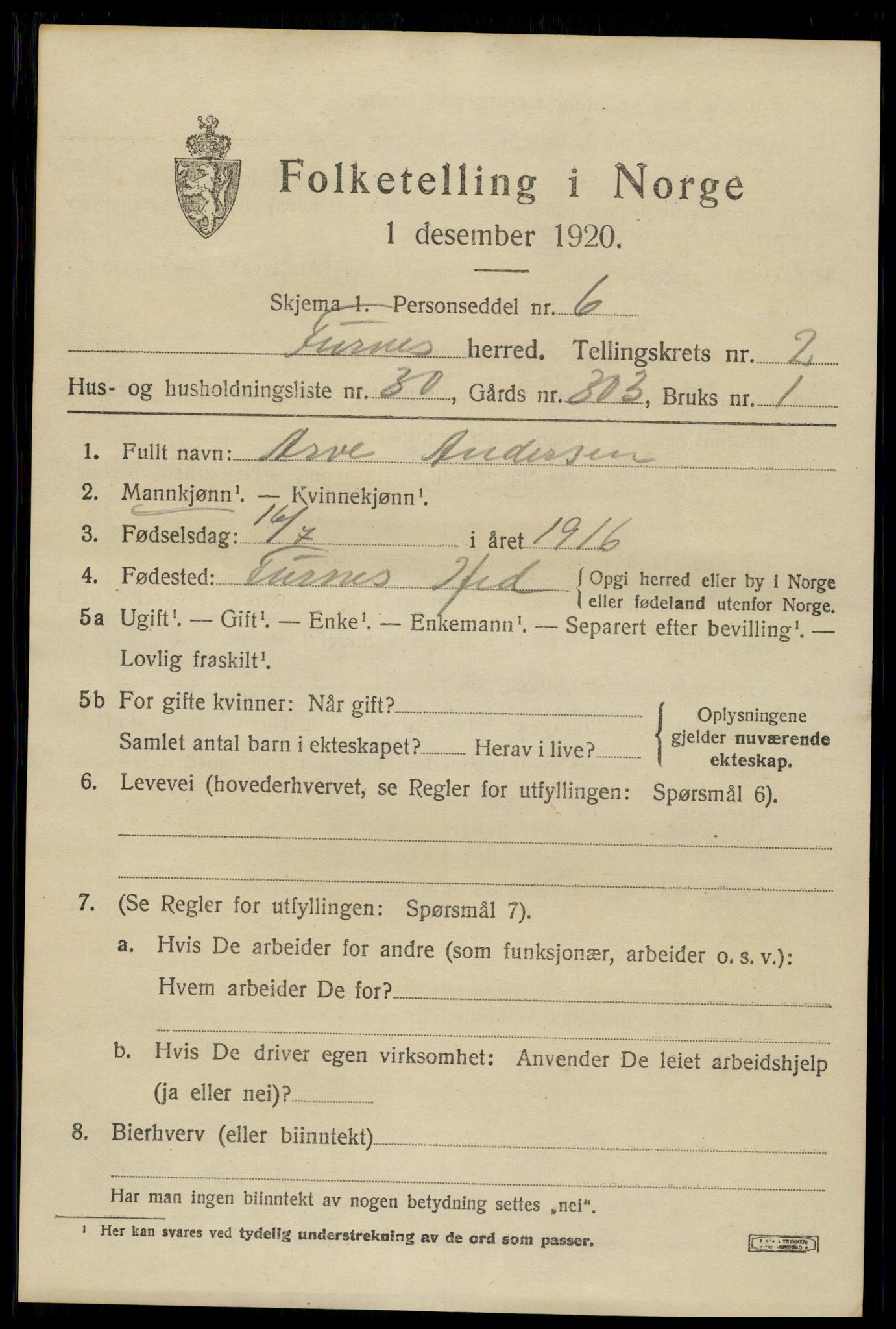 SAH, 1920 census for Furnes, 1920, p. 3411