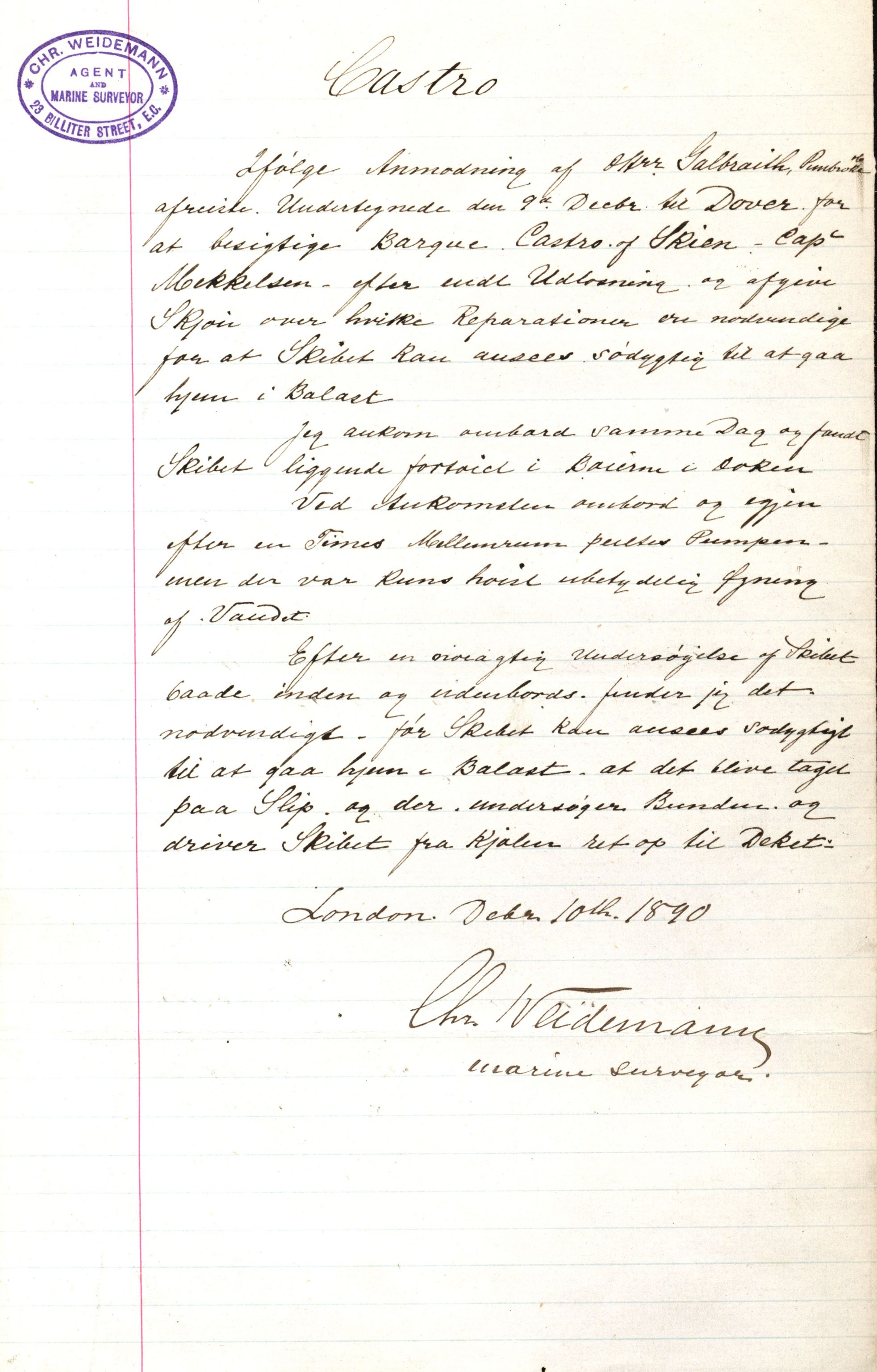 Pa 63 - Østlandske skibsassuranceforening, VEMU/A-1079/G/Ga/L0025/0003: Havaridokumenter / Josephine, Carl, Johanna, Castro, Comorin, Corona, 1890, p. 58