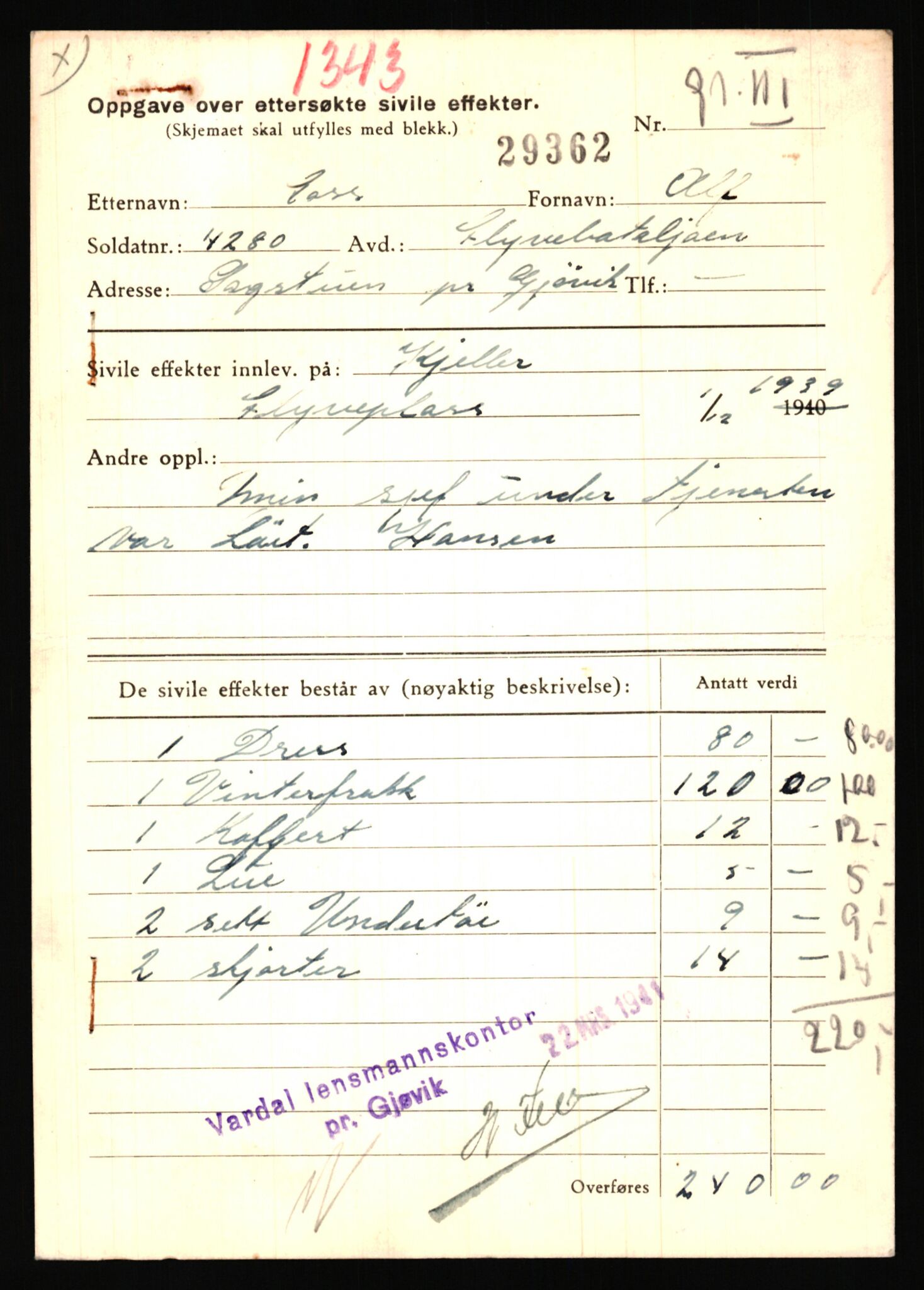 Justisdepartementet, Oppgjørsavdelingen, AV/RA-S-1056/G/Gb/L0020: Oppgaver over ettersøkte sivile effekter. Foss, Alf - Fraas, Jens, 1940-1942, p. 3