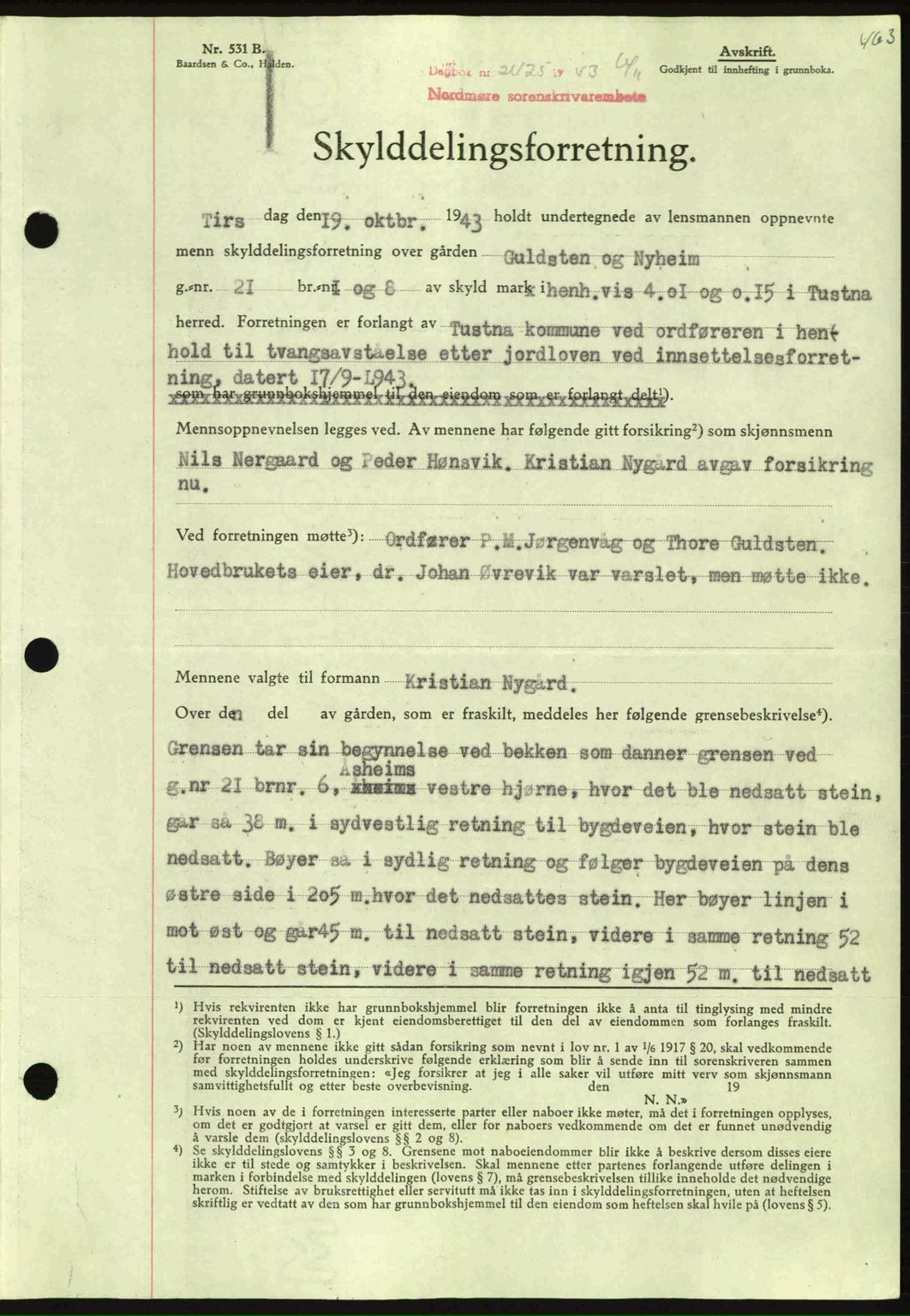Nordmøre sorenskriveri, SAT/A-4132/1/2/2Ca: Mortgage book no. A96, 1943-1944, Diary no: : 2425/1943