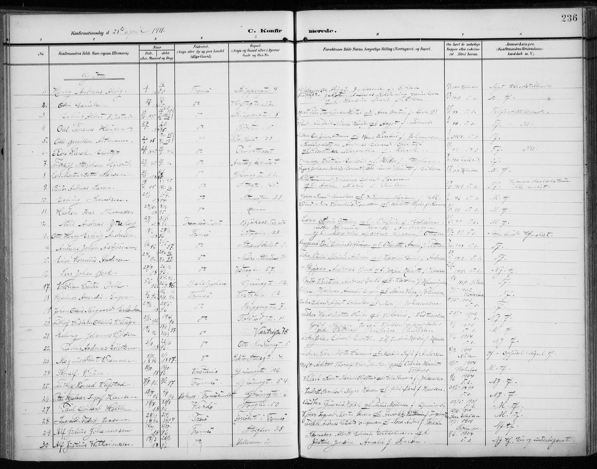 Tromsø sokneprestkontor/stiftsprosti/domprosti, SATØ/S-1343/G/Ga/L0017kirke: Parish register (official) no. 17, 1907-1917, p. 236