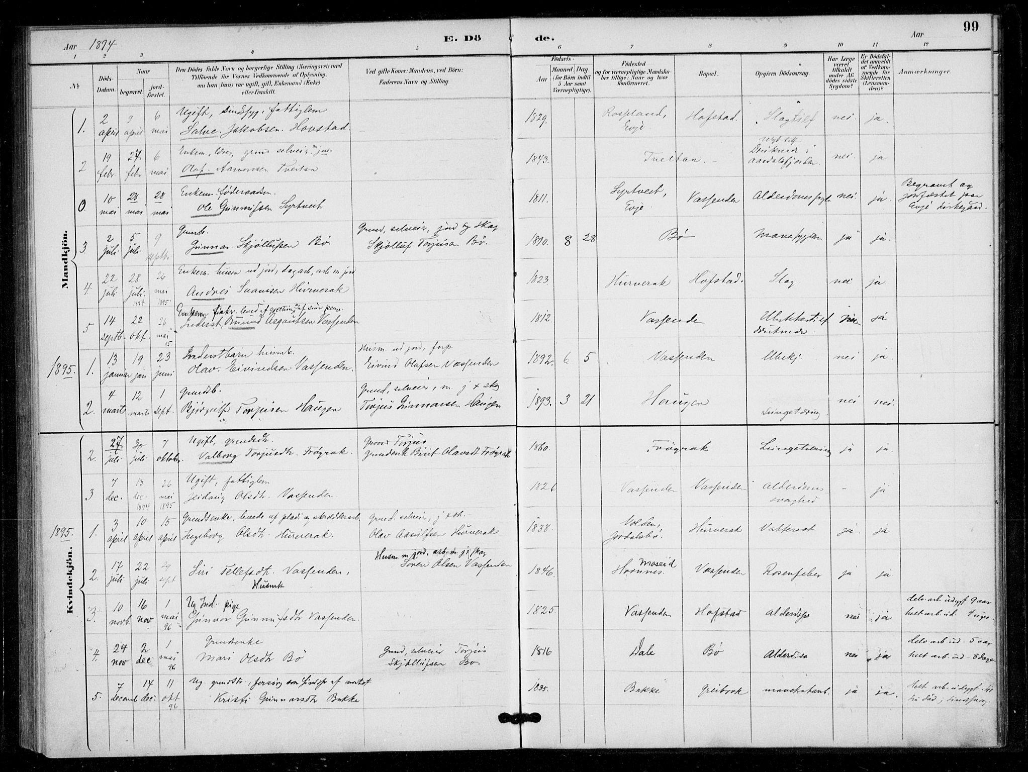 Bygland sokneprestkontor, SAK/1111-0006/F/Fa/Fad/L0001: Parish register (official) no. A 1, 1885-1906, p. 99