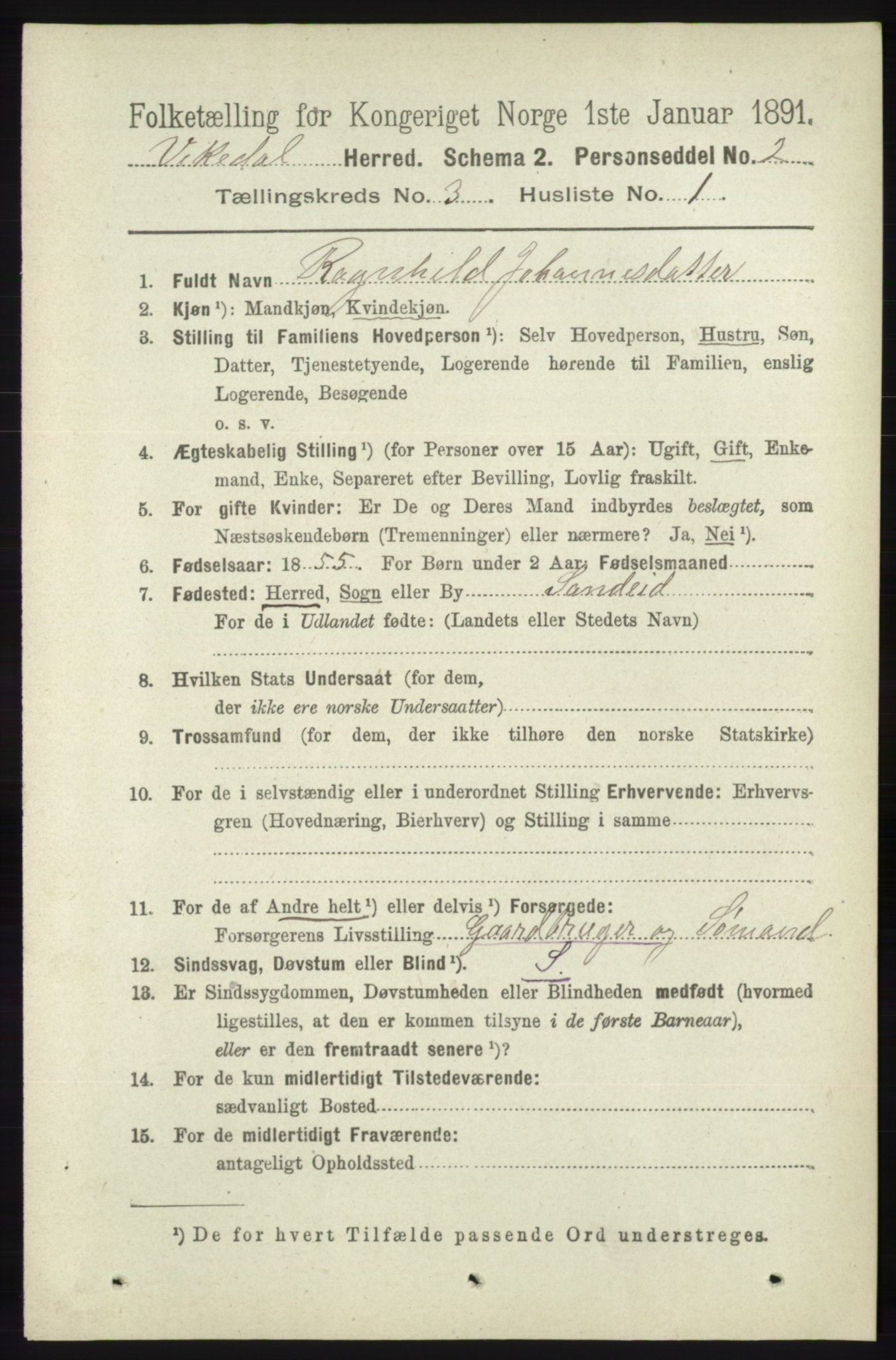 RA, 1891 census for 1157 Vikedal, 1891, p. 724